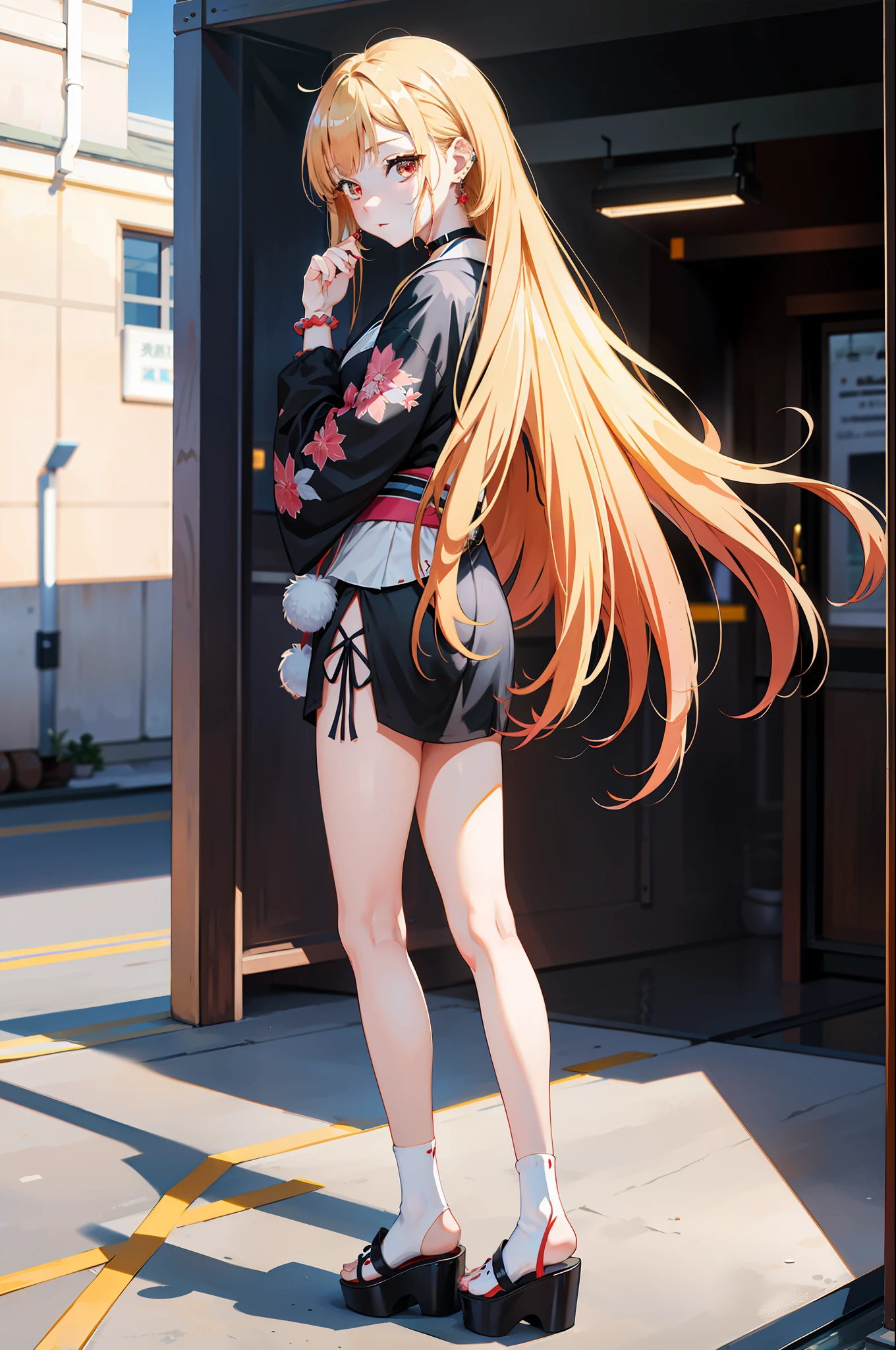 1girl, Marin Kitagawa, long hair, blonde hair, red eyes, piercing, earrings, ear piercing, stud earrings, black choker, bead bracelet, wrist scrunchie, long fingernails, gyaru, (kimono:1.2), shy, white toe socks, clogs,, (masterpiece:1.2), highres, best quality, 8k, very clear,