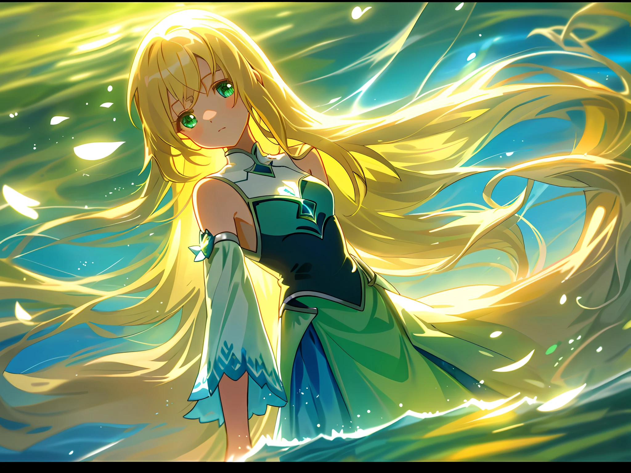 Horizontal plane, colorful water, sunlight, young girl, alone, very long hair, blonde hair, blue inside of hair, delicate and beautiful face, gentle expression, standing, glowing green eyes, bare shoulders, skirt of many colors