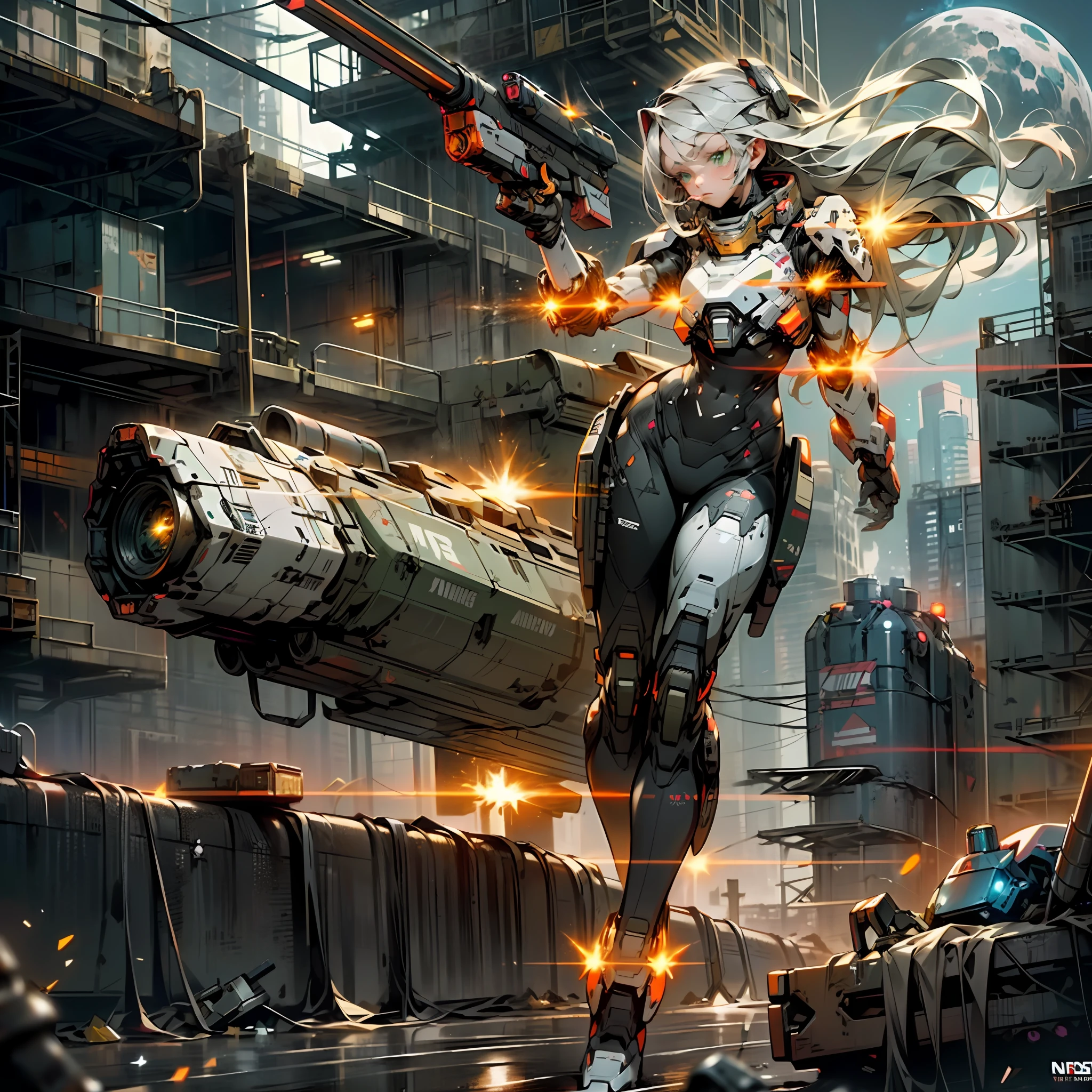 1girl , running and shooting a rail gun, smoke, explosion, debris, (battlefield:1.4), (running:1.4), (shooting:1.4), (Rail gun:1.4), (Thick Body:1.4), (Long Grey Hair:1.4), Green Eyes, On the moon,barren planets, ruins,, no_humans, glowing, robot, building, glowing_eyes,orange mecha, science_fiction, city, realistic,mecha,Milky Way Galaxy background,neon,cyberpunk, On the moon,barren planets, ruins, holding_weapon, no_humans, glowing, robot, building, glowing_eyes,orange mecha, science_fiction, city, realistic,mecha,Milky Way Galaxy background,neon,cyberpunk,