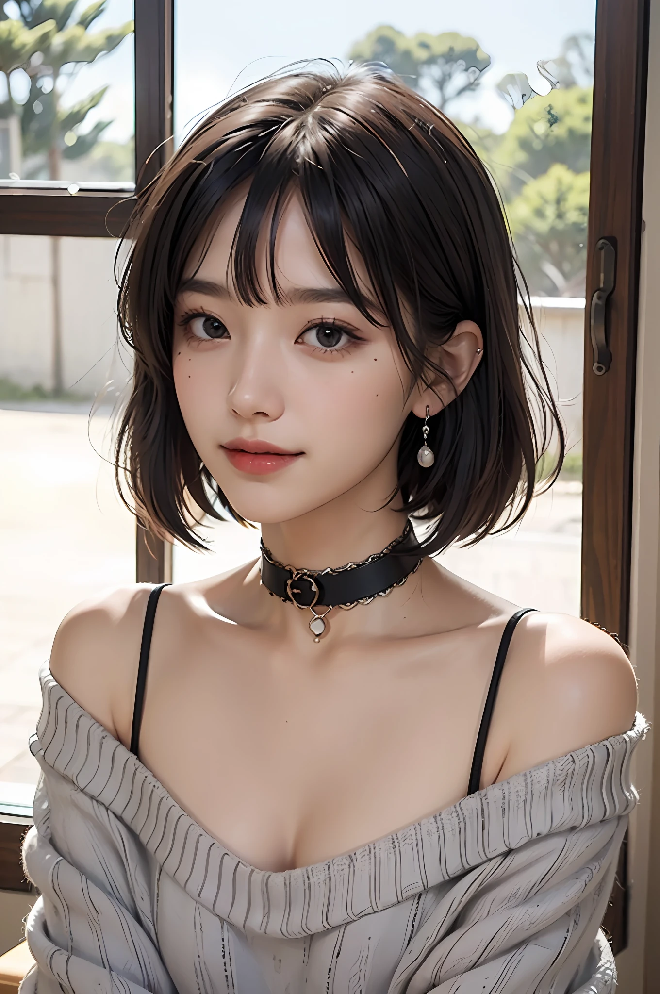Top Quality, Masterpiece, Ultra High Resolution, Photorealistic, 1 Girl, Off Shoulder, Red Knit, Knit, Blue Knit, Innerwear, Smile, Smile, Slightly Visible, oversized_sweater, Soft Lighting, Detailed Skin, Bangs, Black Hair, Clear Eyes, Short Bob Hair, Very Short, Transparency, Japan, Korean, Beautiful Woman, Upper Eyes, Lip gloss, thick black choker, teardrops, chest mole, highlights in the eyes