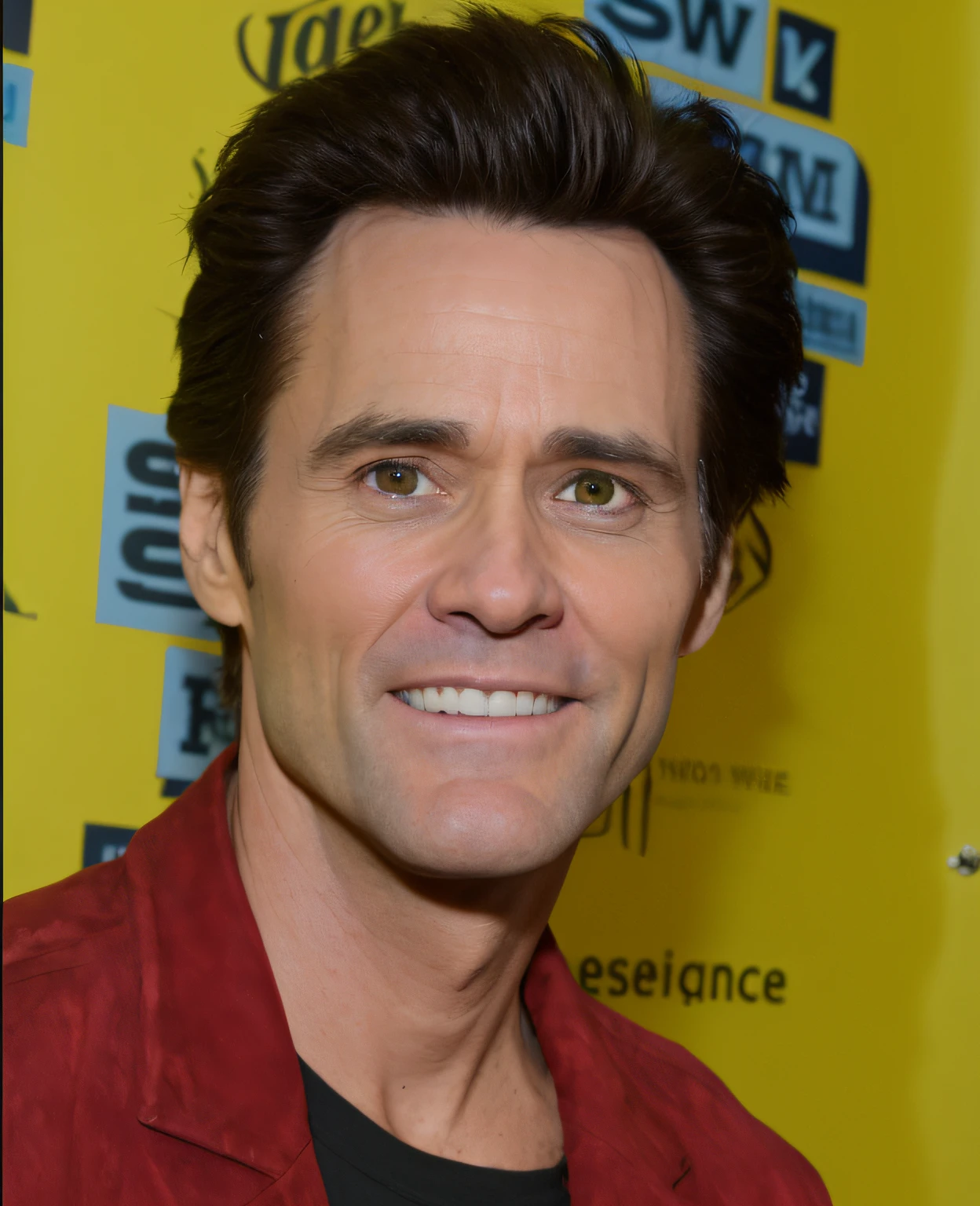 Arafed man with a red jacket and black shirt smiling, Jim Carrey, Jim Carrey Caricature Realism, Jim Carrey as the Joker, Jim Carrey as Terminator, Jim Carrey in Gears of War, taken in the late 2010s, Sheen, 2014, 2 0 1 4, intense look, roguish smile, front face, front of body