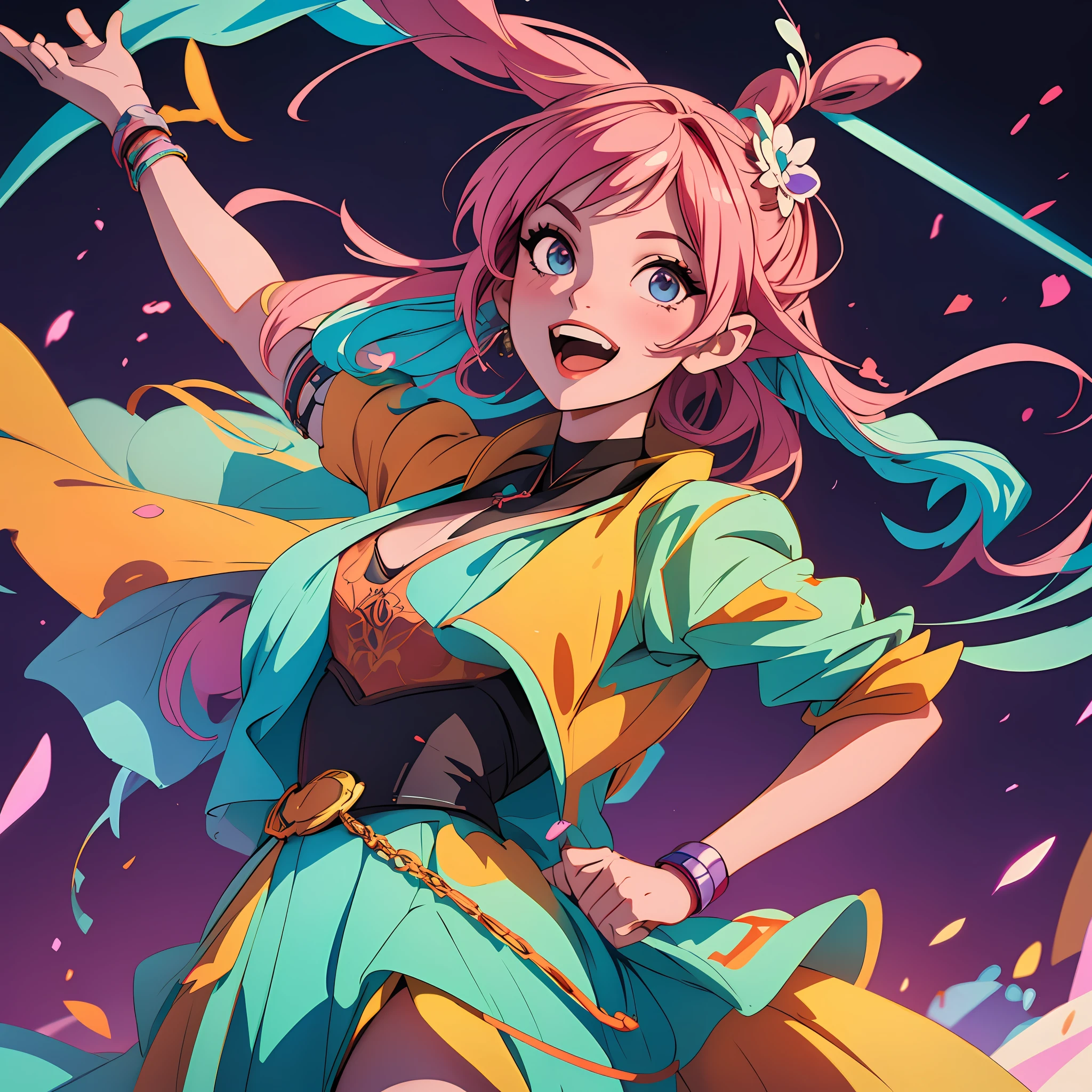 1girl, K-POP Idol straight photo, a girl standing on stage dancing, she holding a microphone singing, she laughing cheerfully, behind her are brilliant lights, broken starlight, backlight, cinematic lights, brilliant colors, anime art, epic exquisite character art, stunning character art, digital painting, super detail, high detail, high quality, award-winning, best quality, high resolution, 8k --auto --s2