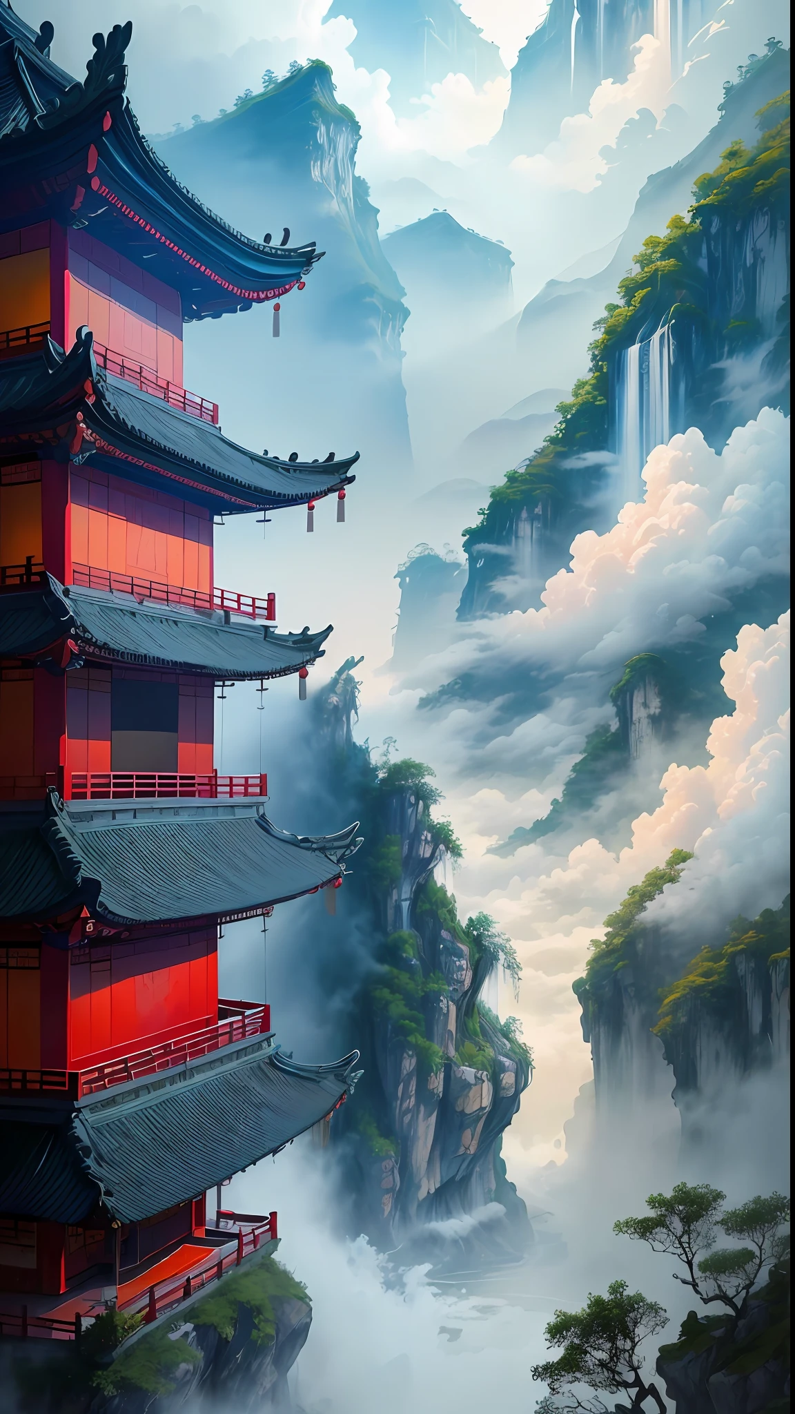 Real scene, ancient Chinese palaces and temples are located above the clouds, multi-gradient waterfalls, clouds and mist, majestic, strange birds and beasts next to the stream, colorful light, (((splashed ink)), ((splashed ink}), masterpiece, high quality, exquisite graphics, high detail: