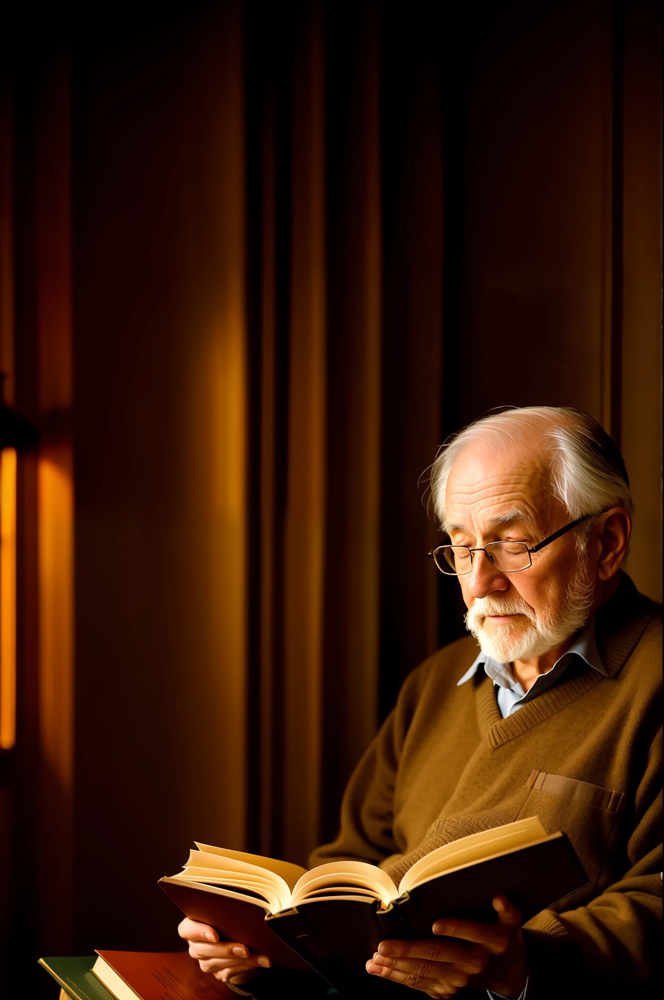 an old man reading an old book, twilight light, warm atmosphere, cultured atmosphere, (masterpiece) (perfect proportion) (photo realistic) (best quality) (detailed) (8k) (HDR) (wallpaper) (cinematic lighting) (sharp focus) (intricate)