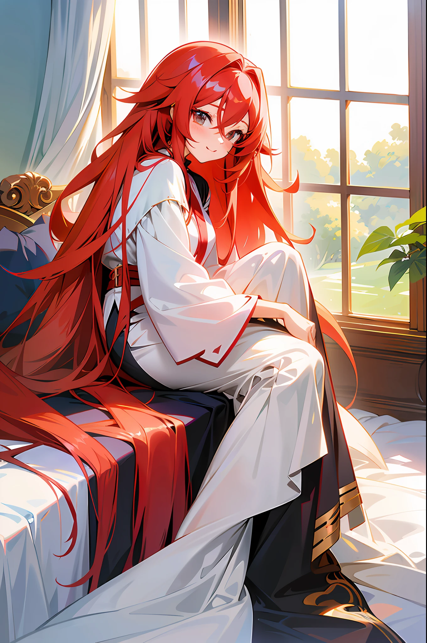 Anime girl with red long hair sitting on bed, Rias Gremory, seductive anime girl, anime girl with long hair, anime visual of cute girl, cute anime girl, (anime girl), beautiful anime girl, beautiful anime girl, attractive anime girl, anime girl, young anime girl, cute anime outer house in beautiful clothes, anime art wallpaper 8k, fix fingers