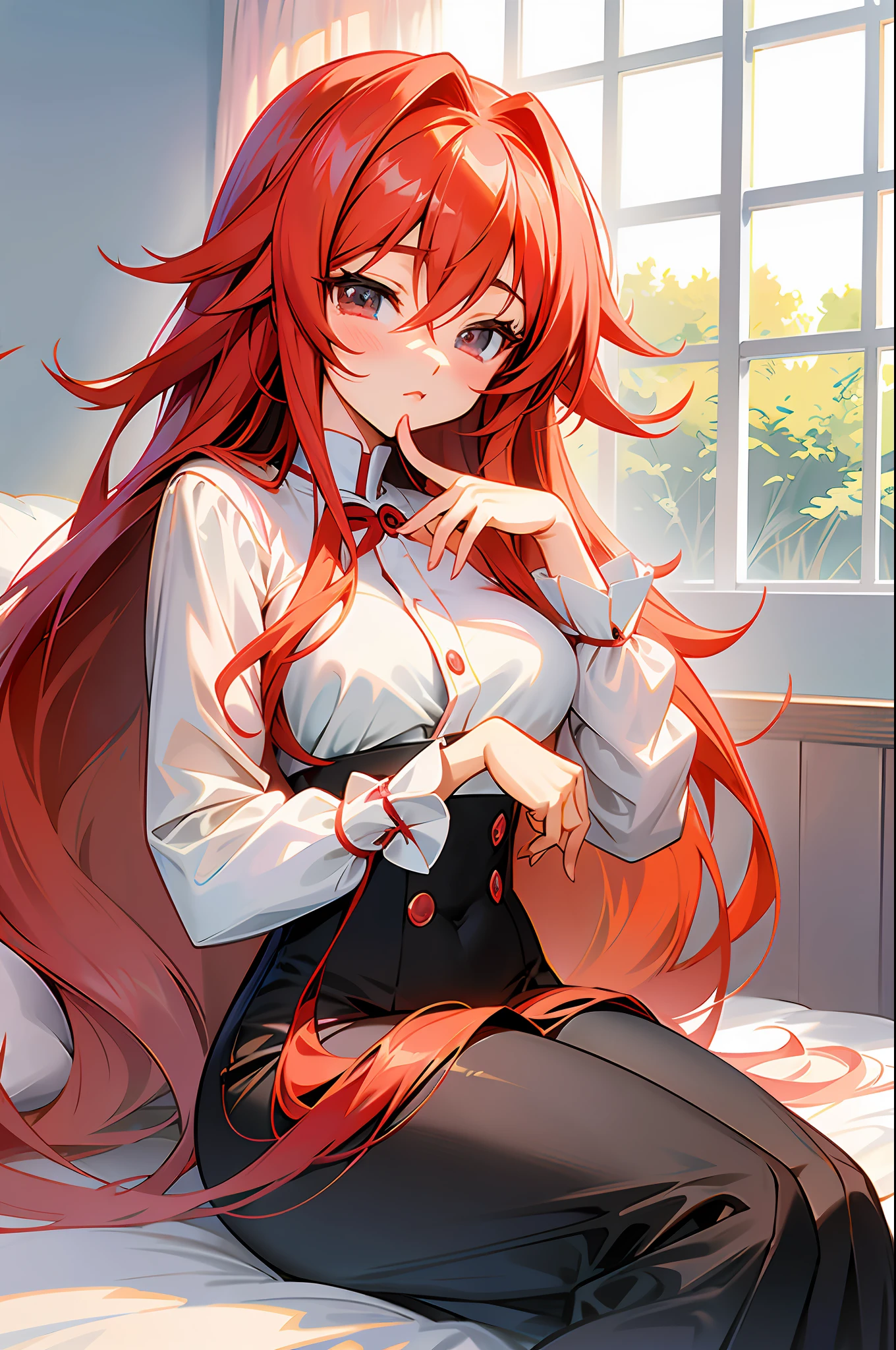 Anime girl with red long hair sitting on bed, Rias Gremory, seductive anime girl, anime girl with long hair, anime visual of cute girl, cute anime girl, (anime girl), beautiful anime girl, beautiful anime girl, attractive anime girl, anime girl, young anime girl, cute anime outer house in beautiful clothes, anime art wallpaper 8k, fix fingers