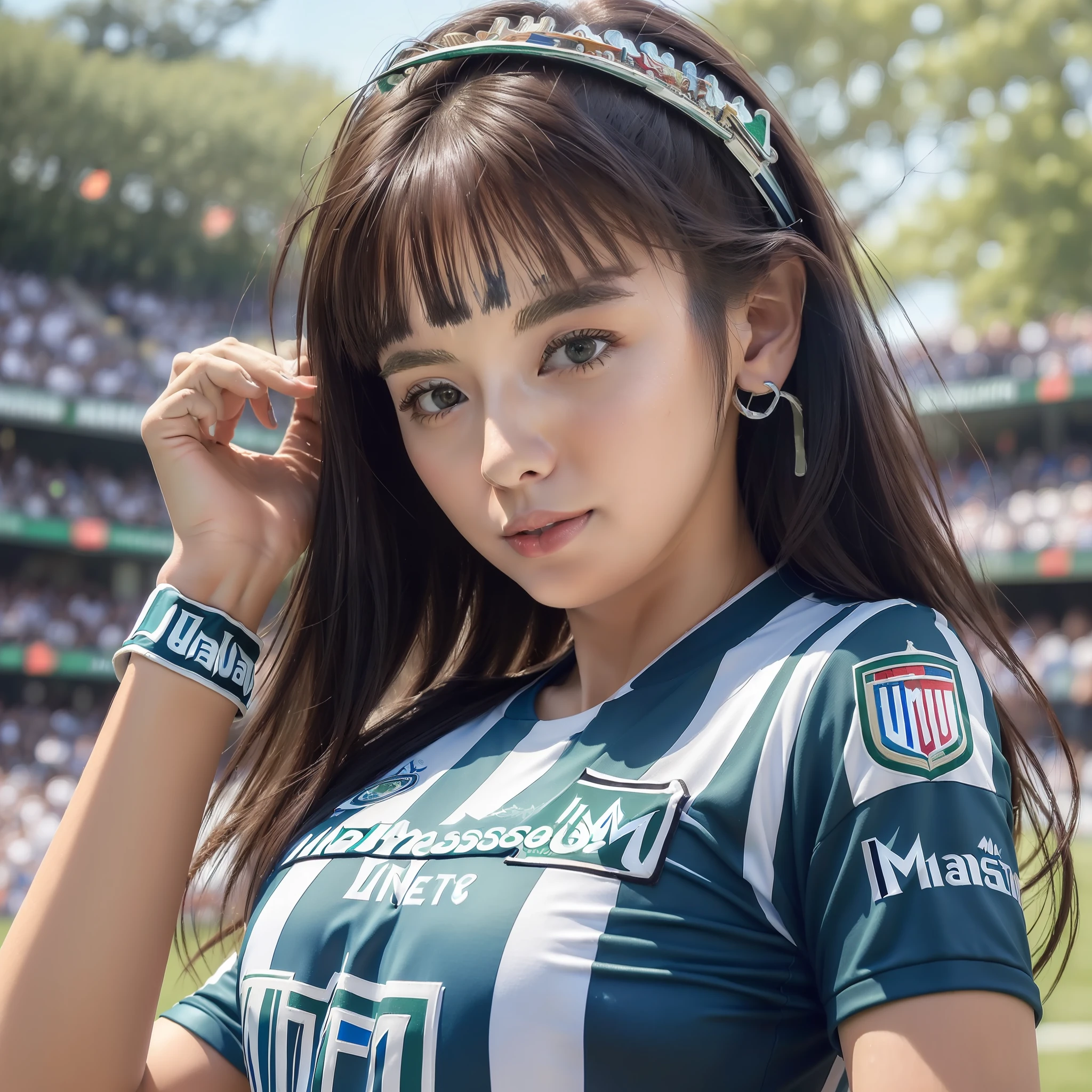 '(((((masterpiece)))), best quality, ultra realistic, ultra detailed, football shirt ,mulher pretty, happy, commemorando, short shirt, blue grena and black stripes, inter de milão, 8k.'