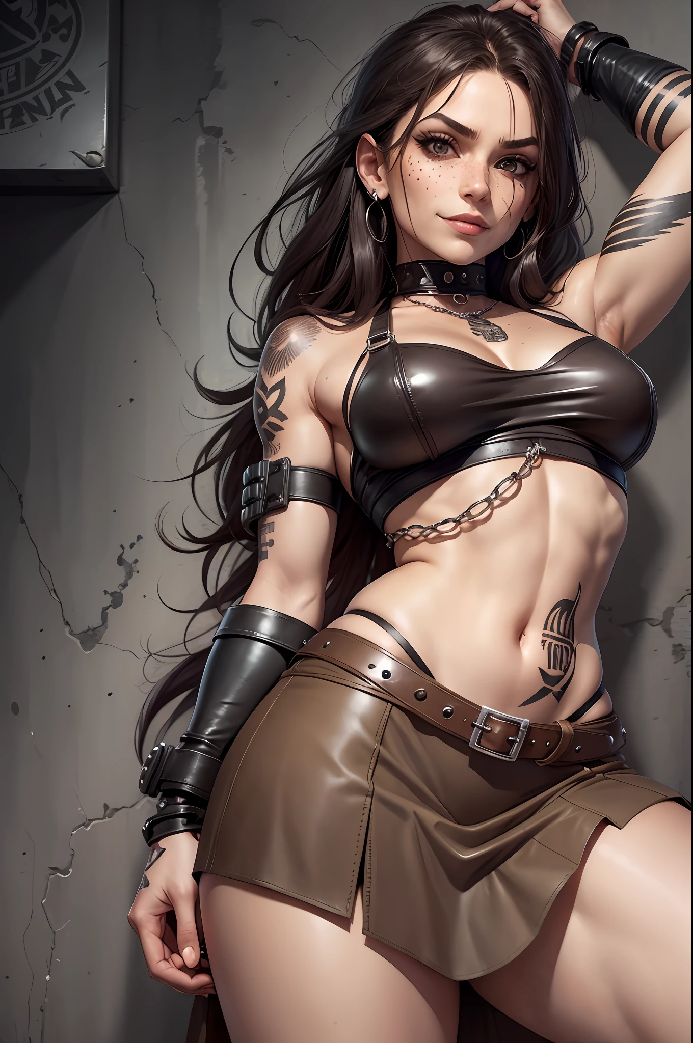 Beautiful woman, skirt, in cosplay attire, brown eyes, freckles, tattoo on the stomach, a lot of jewelry, tightened with leather straps, arm wrapped in a bandage, predator, fighting girl, savage, urban hooligan, mafia girl, threatening, evil threatening look predatory smile