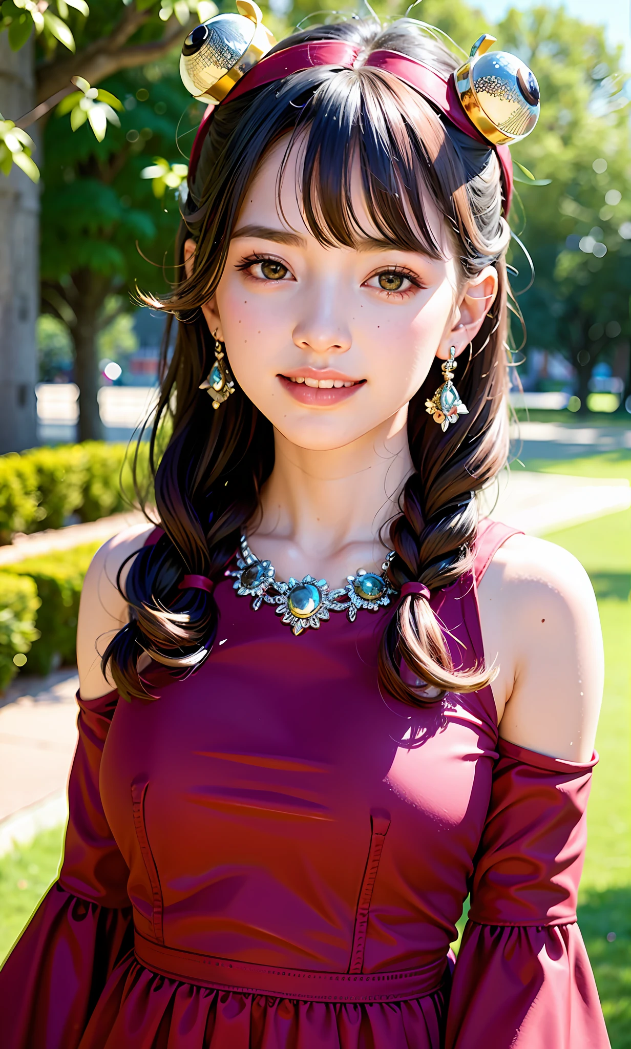(8k, RAW photos, best quality, High resolution: 1.1), (surreal: 1.4), (realistic, realistic: 1.3), soft light, girl, realistic face, realistic body, realistic skin, absurd, masterpiece, (cute: 1.8), cute, solo, (: 1.2), detailed black eyes, innocent eyes, blush, red long dress, garland, jewelry crown, movie lights, film grains, jewelry, earrings, ((medium hair: 1.1)), ((floating hair nova frog style)), cherry lips, headband, hair bow, double ponytail, viewer, long hair, open lips, upper teeth, (smiling eyes: 0.6) , ((grin: 1.2)), depth of field, blurred background, eye focus, bokeh, young, 85mm lens, f/1.4, professional lighting, young, photon mapping, radiosity, physically based rendering, braless