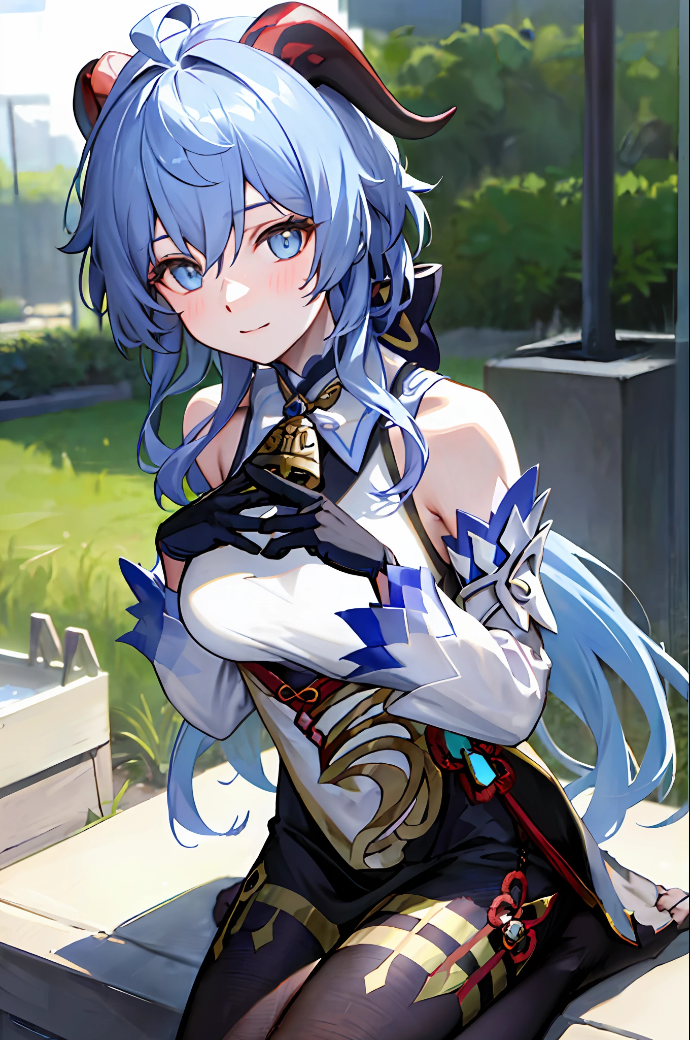 (photorealistic:1.4), (masterpiece, sidelighting, finely detailed beautiful eyes: 1.2), masterpiece*portrait, realistic, 3d face, 
ganyu \(genshin impact\), 1girl, ahoge, architecture, bangs, bare shoulders, bell, black gloves, black pantyhose, (blue hair), blush, breasts, chinese knot, detached sleeves, flower knot, gloves, horns, long hair, looking at viewer, medium breasts, neck bell