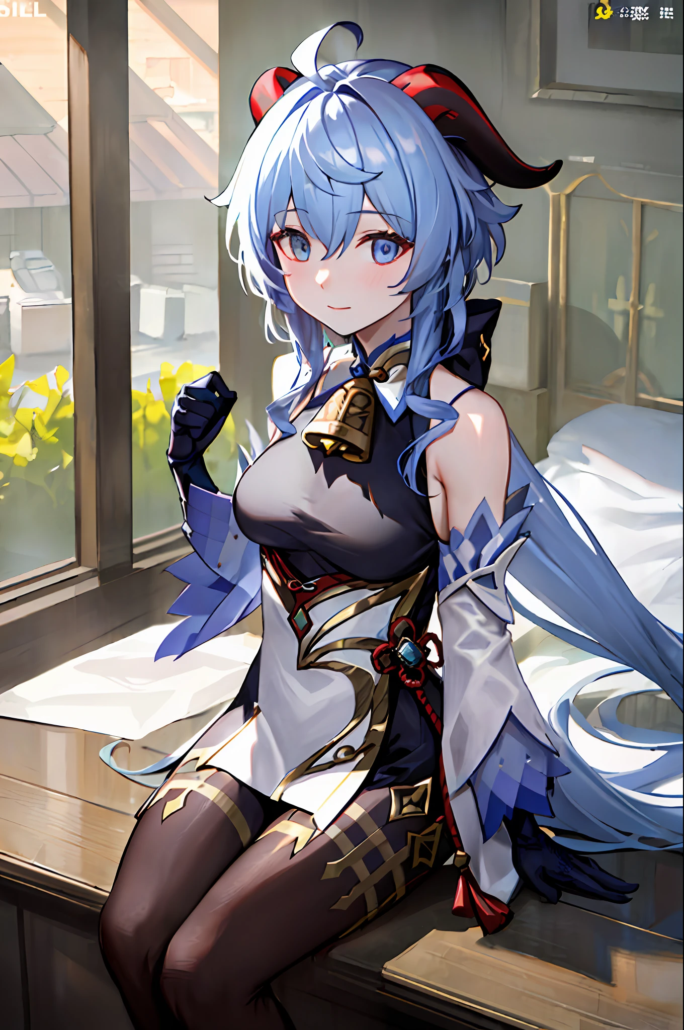 (photorealistic:1.4), (masterpiece, sidelighting, finely detailed beautiful eyes: 1.2), masterpiece*portrait, realistic, 3d face,
ganyu \(genshin impact\), 1girl, ahoge, architecture, bangs, bare shoulders, bell, black gloves, black pantyhose, (blue hair), blush, breasts, chinese knot, detached sleeves, flower knot, gloves, horns, long hair, looking at viewer, medium breasts, neck bell