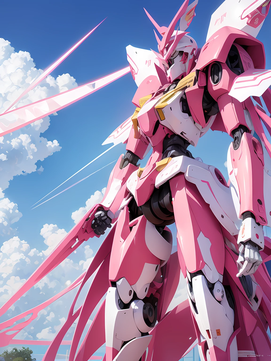 anime - style photo of a pink and white robot with a blue sky background, an anime drawing inspired by Krenz Cushart, trending on pixiv, auto-destructive art, mecha asthetic, anime mecha aesthetic, ethereal and mecha theme, # mecha, female mecha, mecha art, cool mecha style, modern mecha anime