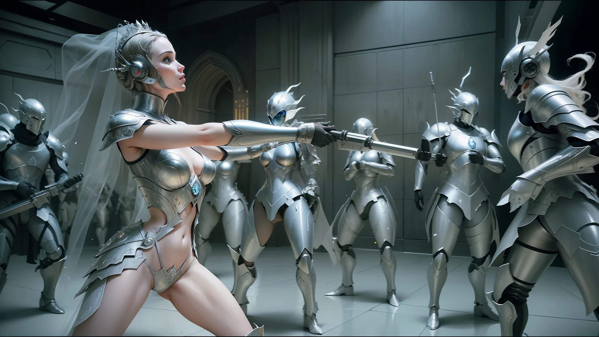 arafed image of a woman in armor standing in a room full of soldiers, darren aronofsky, nekro xiii, cinematic jennifer lawrence, award winning scifi art, brilliant symmetry, monarchy, machine elves, empress, of a futuristic selk'nam, cinematic architectural scale, dream sequence. the apprentice --ar 16:9 --auto --s2