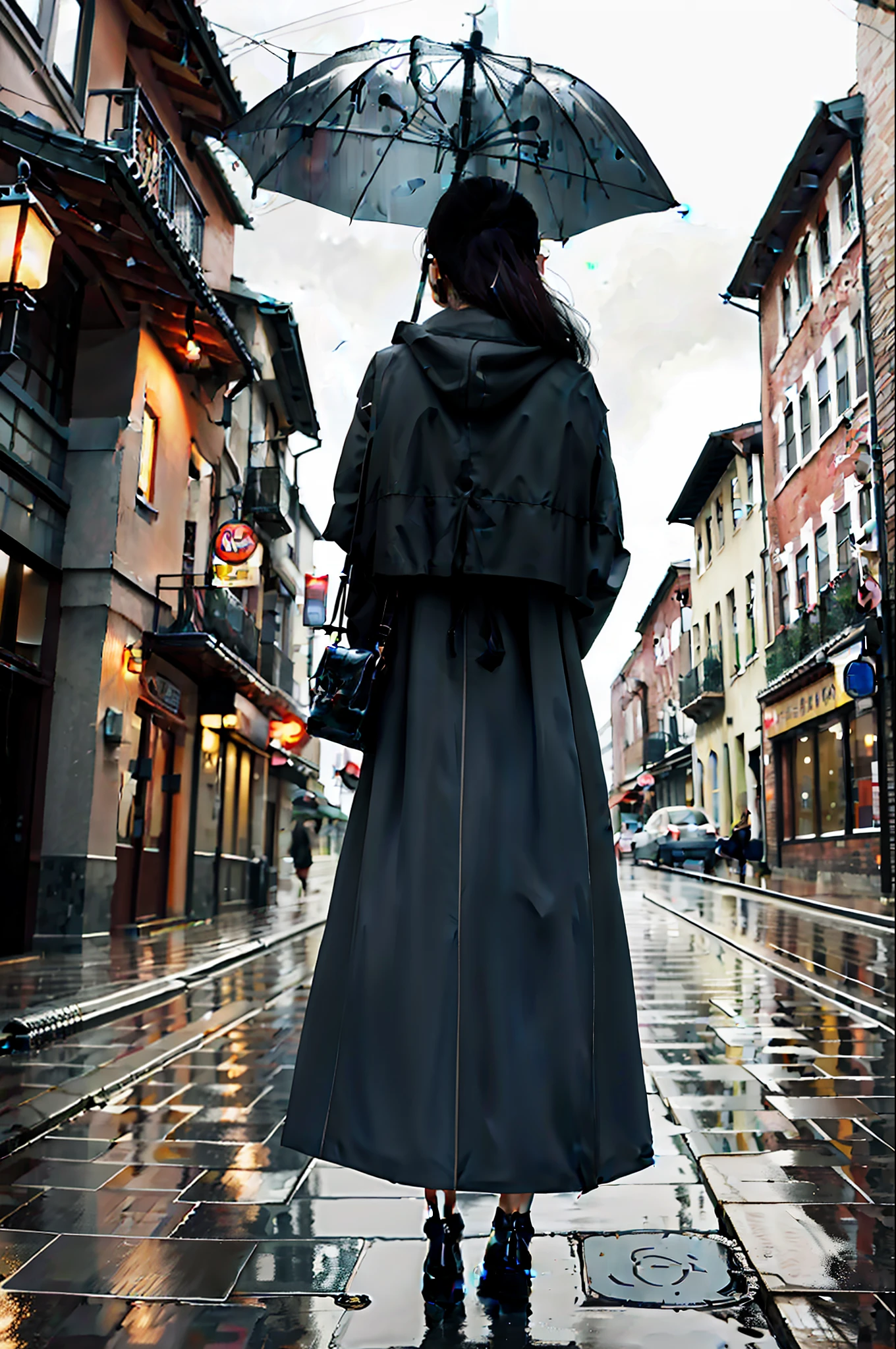 masterpiece,best quality,1girl, city,landscape,rain,umbrella,from behind