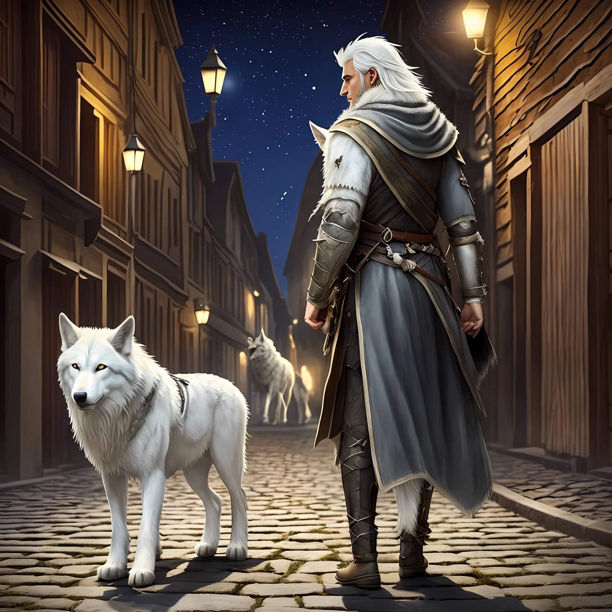 Young man with white hair yellow eyes walking with a wolf by his side in a medieval square at night with a full moon, Realistic, Best Quality, Full HD.