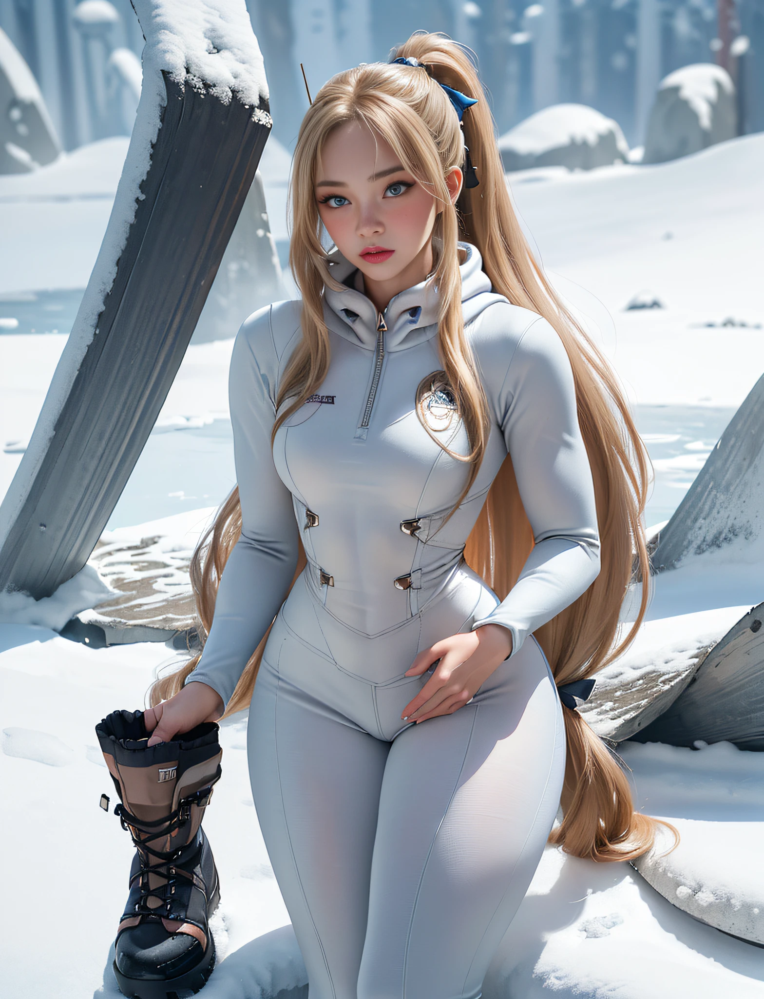 ((very detailed RAW color photo)), (((1 girl))), (((alone))), (((30 years))), ((athletic)), ((very defined toned physique)), ((very defined and beautiful muscular body)), (((very detailed perfect body))), (((small and defined breasts))), (((ultra defined curves))), (((superior quality, 8k, masterpiece: 1.3)), sharp focus: 1.2, (((extremely beautiful girl with perfect figure: 1.4))), ((very thin waist: 1.2)), ultra detailed skin texture, ((perfect and beautiful hands)), ((smooth and soft skin)), (ultra detailed fabric texture), extremely beautiful ultra detailed face, (((extremely beautiful))), intricate details, ultra detailed, (((girl wearing a snowsuit with skirt and hiking boots))), (((extremely long straight blonde hair))), extremely beautiful, (((extra long ponytail with bangs))), ((very detailed and beautiful wolf ears)), (hair on the face), ((hair ribbon)), dynamic pose, ((uniform leaves thighs exposed)), ((ultra detailed and toned legs)), (((ultra detailed waist))), (((very wide hips))), (((very thick and toned thighs))), (sexy), (((extreme hourglass figure))), (((very thick heart lips))), ((red lipstick)), ((ultra detailed lips)), ((ultra detailed blue eyes)), ((angry look)), (((staring at the viewer))), ultra-detailed provocative mouth, extremely beautiful seductive lips, ((blushing)), (makeup), (((ultra-defined waist))), eye shadow, (full body shot), on a frozen lake in Siberia