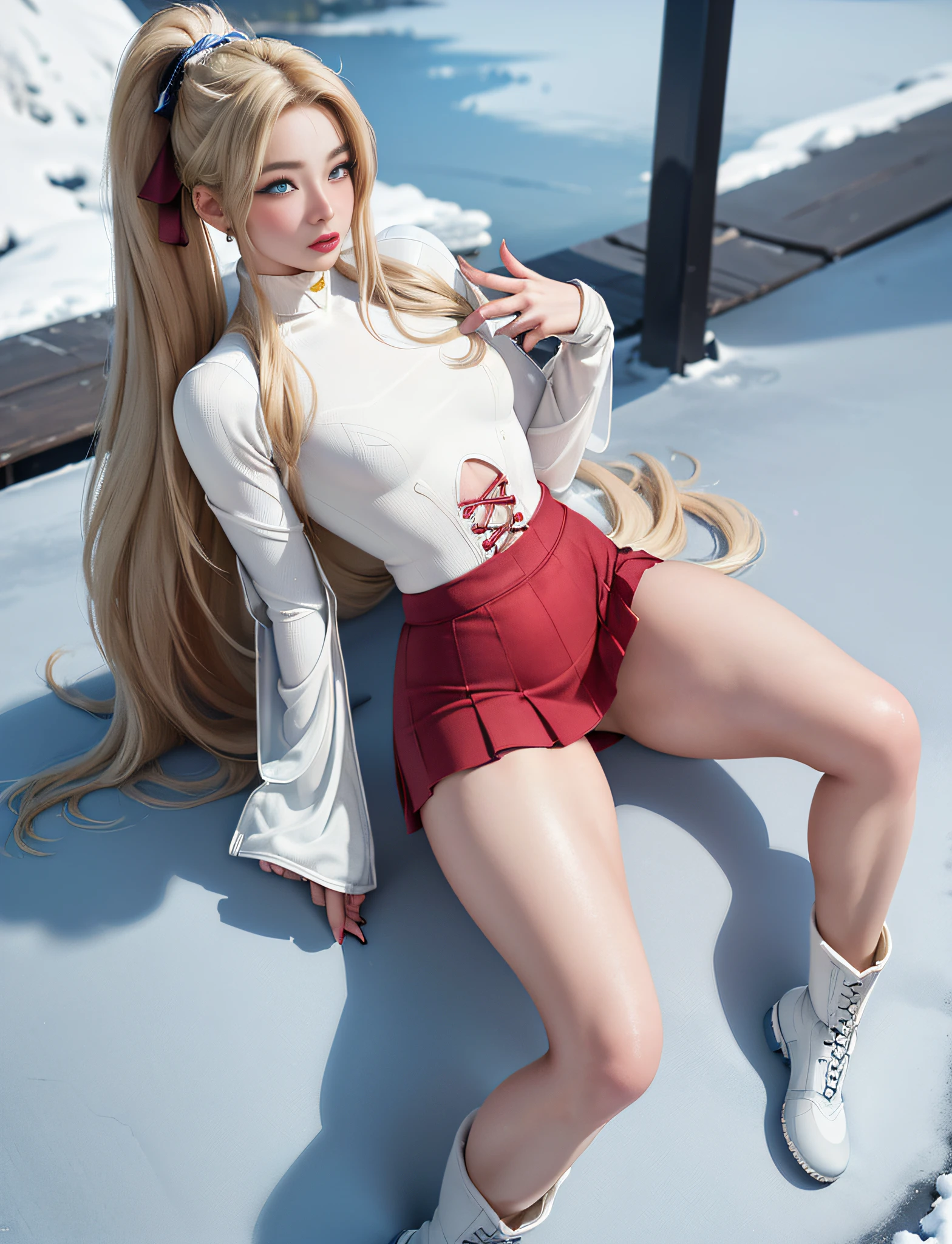 ((very detailed RAW color photo)), (((1 girl))), (((alone))), (((30 years))), ((athletic)), ((very defined toned physique)), ((very defined and beautiful muscular body)), (((very detailed perfect body))), (((small and defined breasts))), (((ultra defined curves))), (((superior quality, 8k, masterpiece: 1.3)), sharp focus: 1.2, (((extremely beautiful girl with perfect figure: 1.4))), ((very thin waist: 1.2)), ultra detailed skin texture, ((perfect and beautiful hands)), ((smooth and soft skin)), (ultra detailed fabric texture), extremely beautiful ultra detailed face, (((extremely beautiful))), intricate details, ultra detailed, (((girl wearing a snowsuit with skirt and hiking boots))), (((extremely long straight blonde hair))), extremely beautiful, (((extra long ponytail with bangs))), ((very detailed and beautiful wolf ears)), (hair on the face), ((hair ribbon)), dynamic pose, ((uniform leaves thighs exposed)), ((ultra detailed and toned legs)), (((ultra detailed waist))), (((very wide hips))), (((very thick and toned thighs))), (sexy), (((extreme hourglass figure))), (((very thick heart lips))), ((red lipstick)), ((ultra detailed lips)), ((ultra detailed blue eyes)), ((angry look)), (((staring at the viewer))), ultra-detailed provocative mouth, extremely beautiful seductive lips, ((blushing)), (makeup), (((ultra-defined waist))), eye shadow, (full body shot), on a frozen lake in Siberia