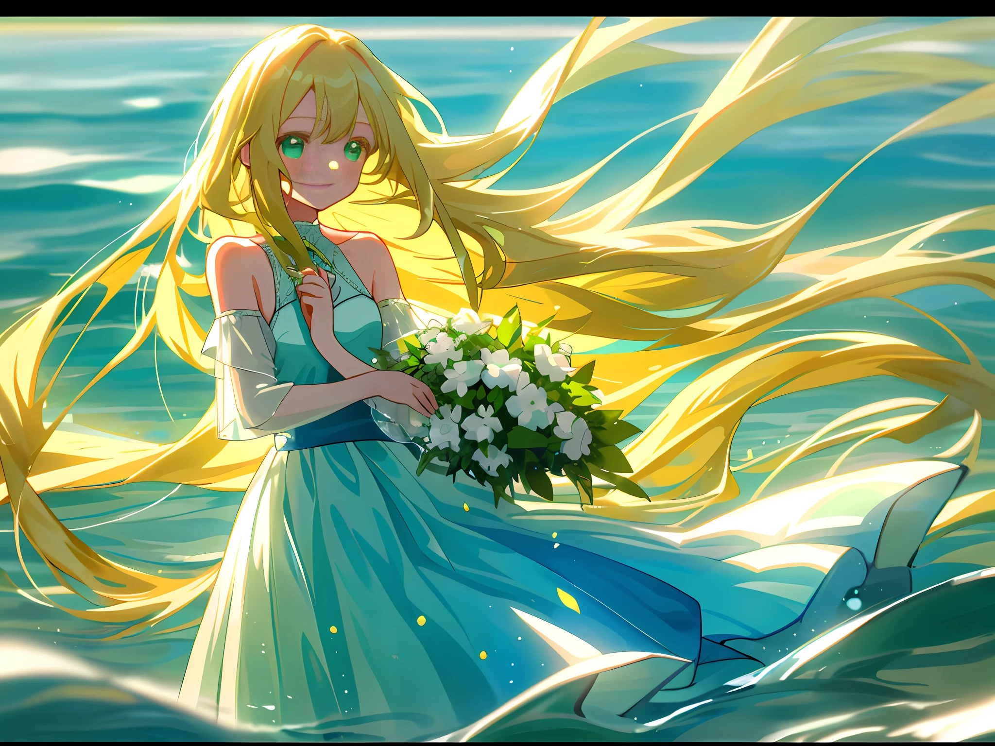 Horizontal plane, colorful water, water column, young girl, alone, very long hair, blonde hair, cyan inside of hair, delicate and beautiful face, gentle expression, hand bouquet, sun on top of the head, standing, glowing green eyes, bare shoulders, skirt of many colors