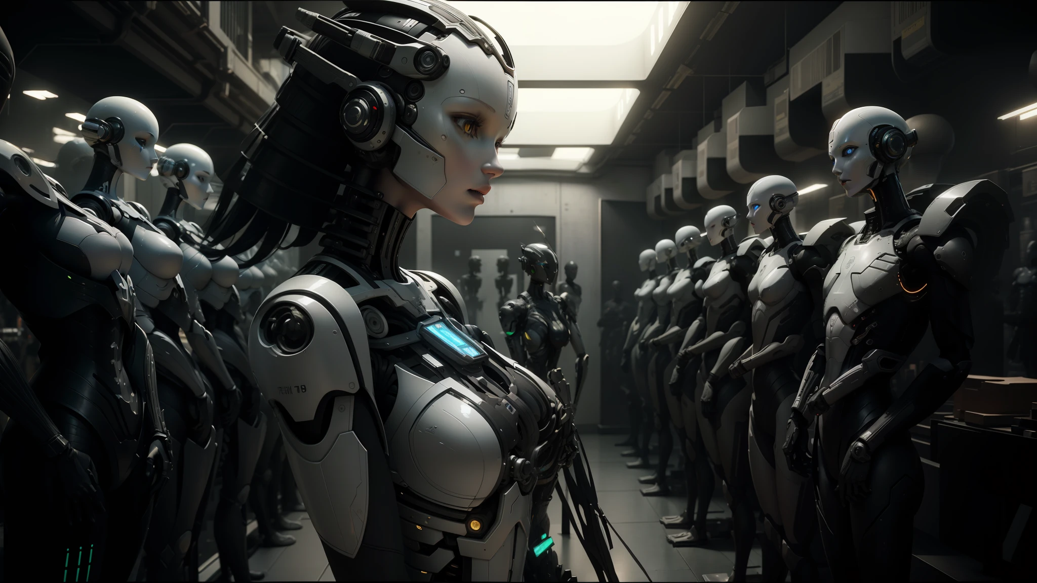 there are many mannequins lined up in a row, highly detailed vfx scene, white biomechanical details, darren aronofsky, human computer, large arrays, portrait of female android, artificial intelligence logo, human female, bluray image, anthropomorphic female, cycles engine --ar 16:9 --auto --s2