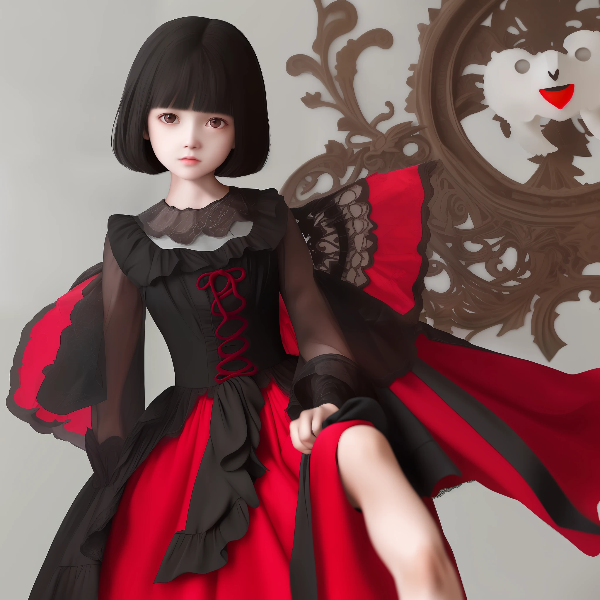 a  girl with all black eyes, white skin, short straight black hair with an angelic face wearing a red dress with black lace and light pink details