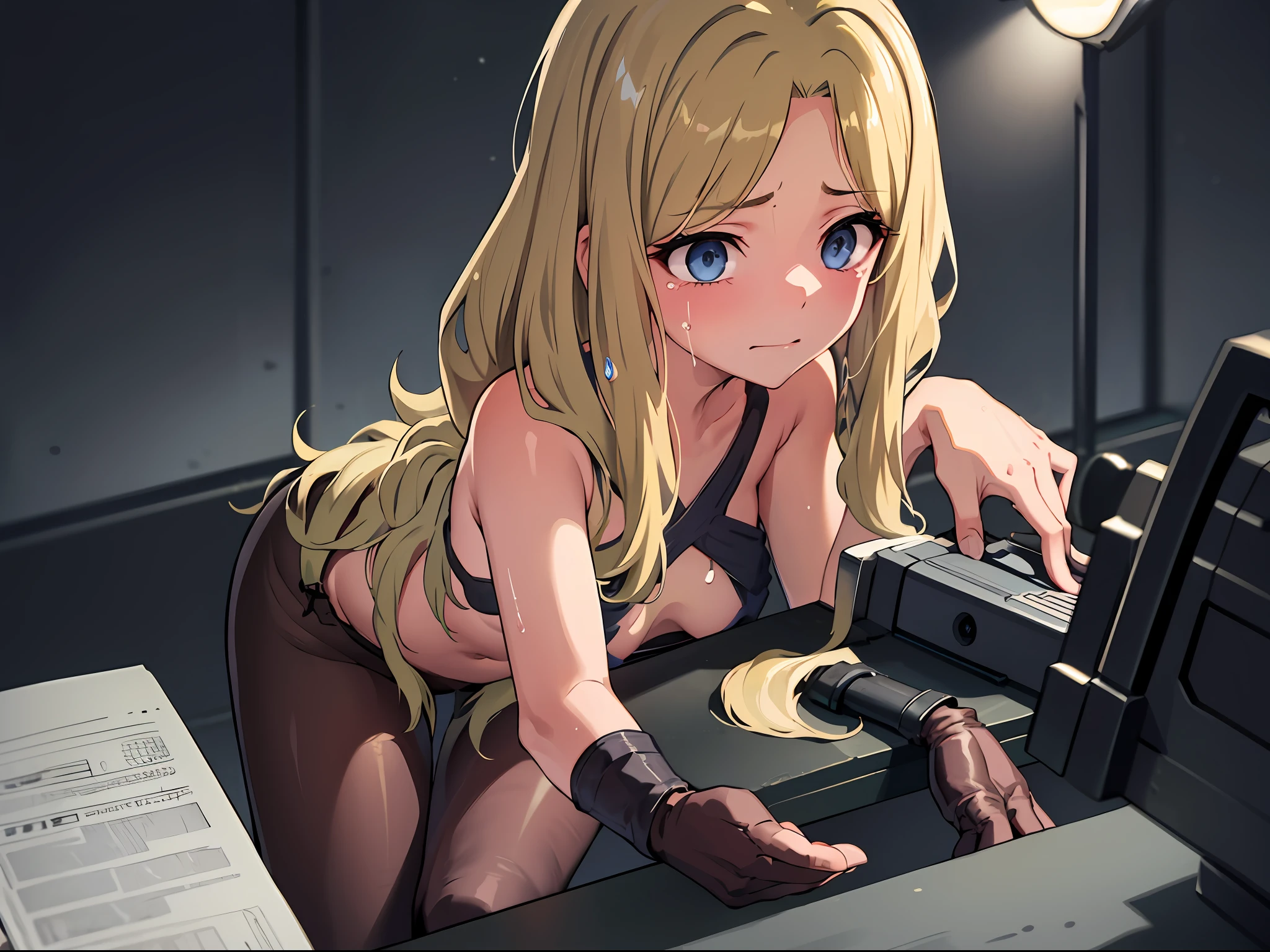 (((masterpiece))), best quality, highly detailed,extremely detailed CG unity 8k wallpaper,illustration,sfw,safe for work,
solo,one female,1female,da,PANTYHOSE,black penties,black bra,small breast,dark blue eyes,medium hair,blonde ,small breast,bare arms,wet
sitting on an iron chair,bondage,bdsm, tied,tied up,rope, left hand are bound on an iron desk,left hand are bound on an iron table,left hands are tied on an iron desk, left hands are tied on an iron table,close-up to her fingers,close-up to her hands,extreme close-up,extreme close-up to arms,
suffering,tears,crying,suffering face,
indoor,grey background, dark background,wet, lab, night, dark.pipe, machine ,spotlight
