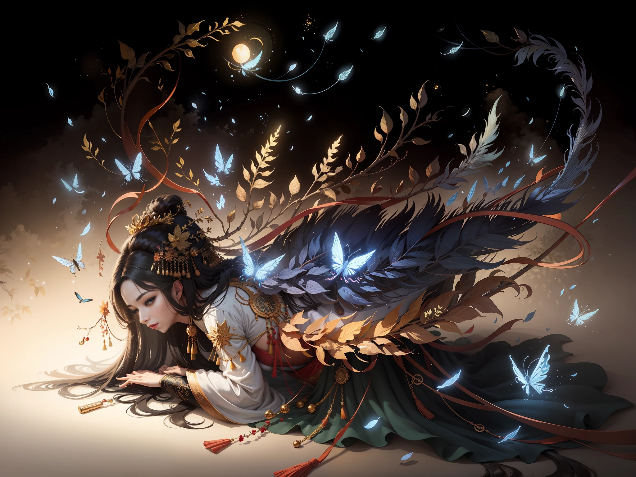 Masterpiece, best quality, a beautiful woman, ancient Chinese imperial robe, majestic domineering, curvaceous figure, phoenix eyes, phoenix feathers, sunshine, clear face, masterpiece, super detail, movie composition, ultra hd, high quality, extremely detailed, official art, uniform 8k wallpaper, super detail, (very detailed CG unity 8k wallpaper), (best quality), (best illustration), (best shadow), UI interface border design with natural elements forest theme. Avatar frame designed as round, surrounded by delicate leaves and branches, with fireflies and glowing particle effects, (UI interface box design), (natural elements), (jungle theme), (square), (leaves), (branches), (fireflies), butterflies, (delicate leaves), (glow), (particle effects), isometric 3D, Octane rendering, ray tracing, super detailed