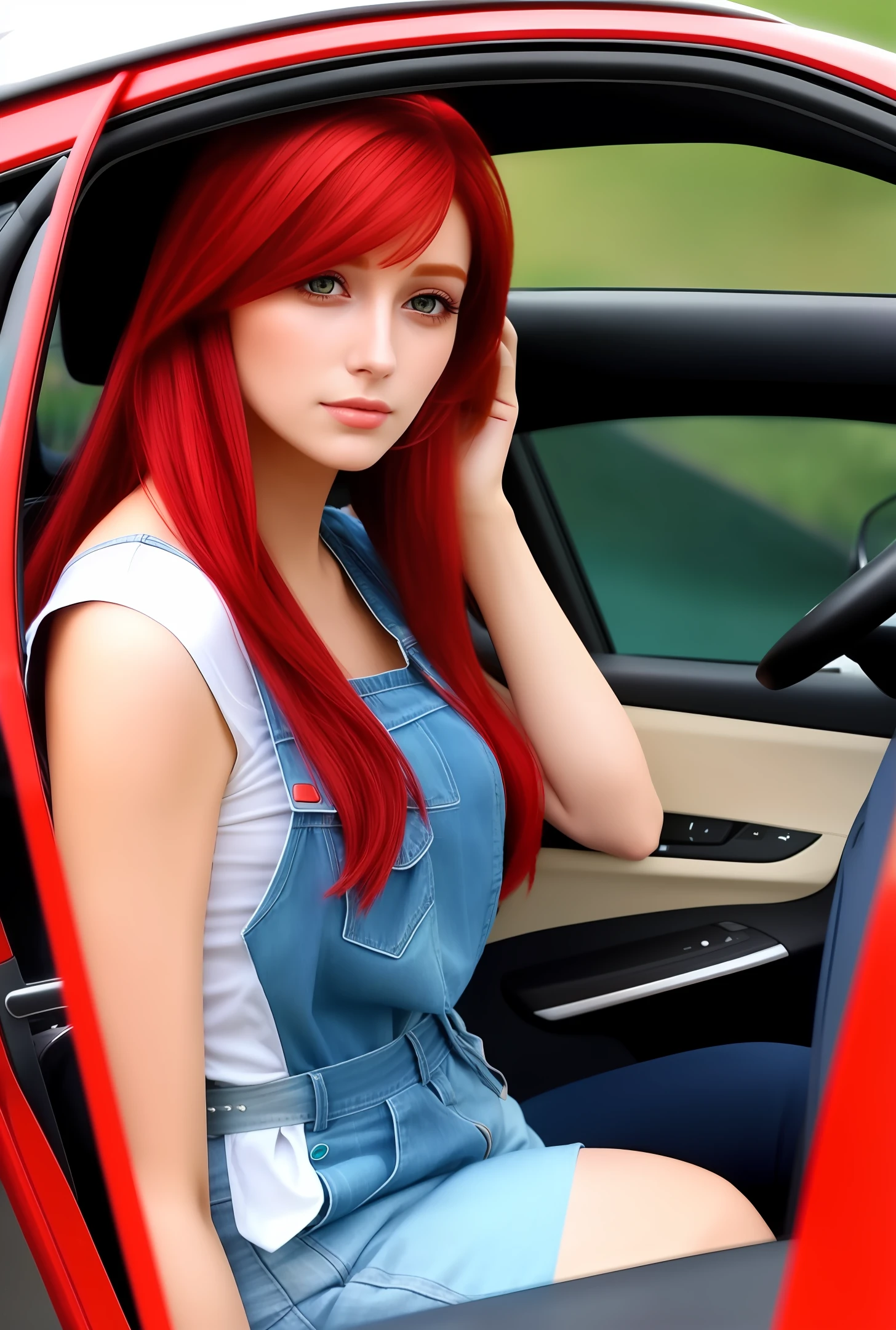 Beautiful woman, Red hair,In the car, Ultra realistic, straight from real life