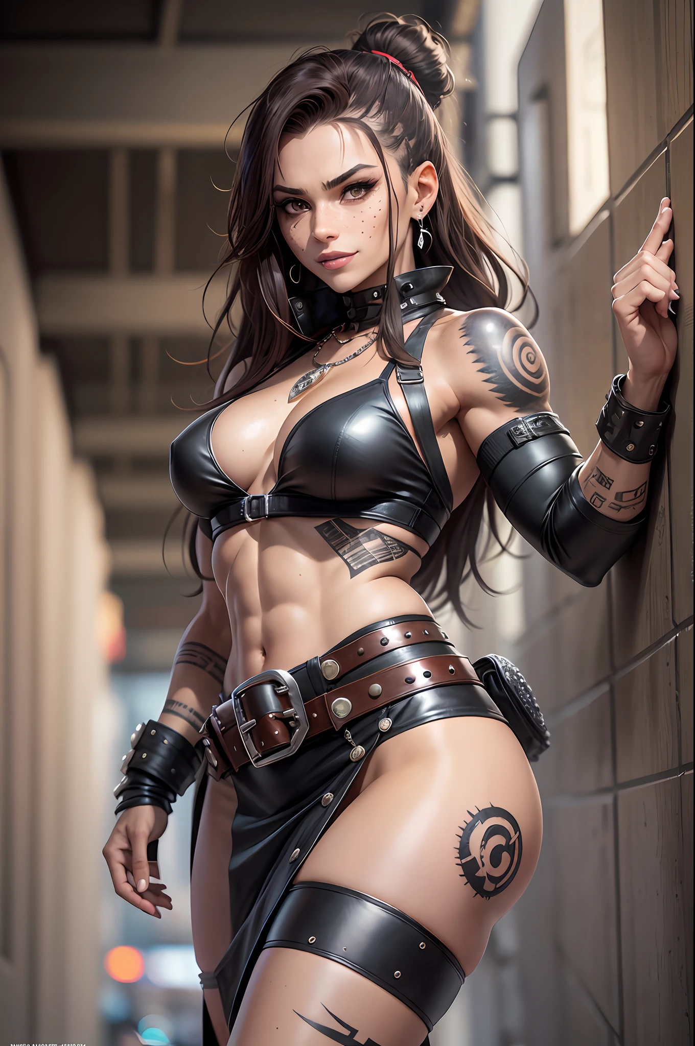 beautiful woman, skirt, in cosplay attire, brown eyes, freckles, tattoo on the stomach, a lot of jewelry, tightened with leather belts, arm wrapped in a bandage, predator, fighting girl, savage, urban hooligan, mafia girl, threatening, evil threatening look predatory smile, athletic physique, bandages on the body