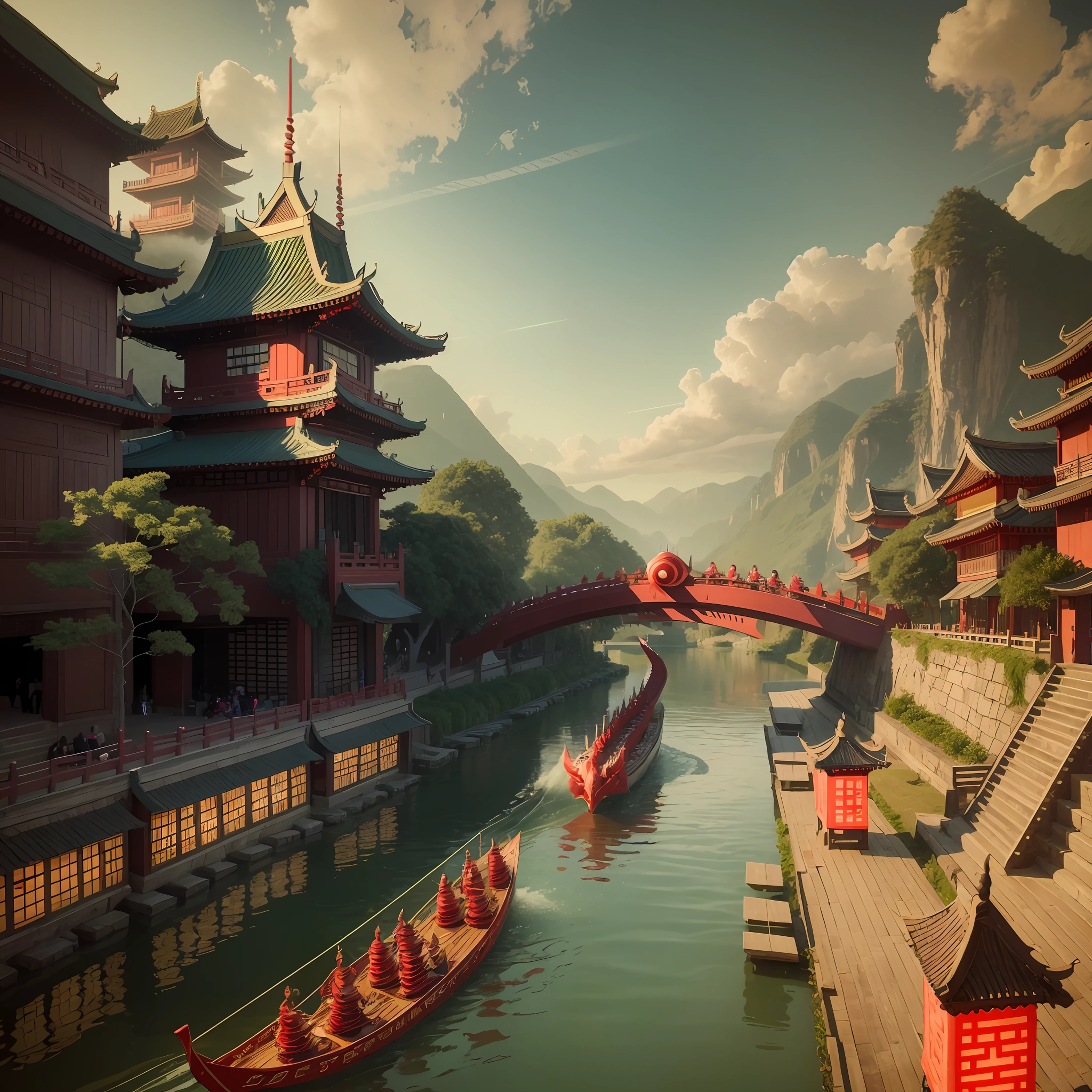 A web poster with a dragon boat race in the middle, someone needs to row a pole on the dragon boat, Chinese Dragon Boat Festival,
There are many red lanterns in the sky, there are spectators on the bank of a river, 3 dragon boats are racing on the river, symmetrical composition of Chinese buildings on both sides, green mountains in the background, river in the middle, 3D effect