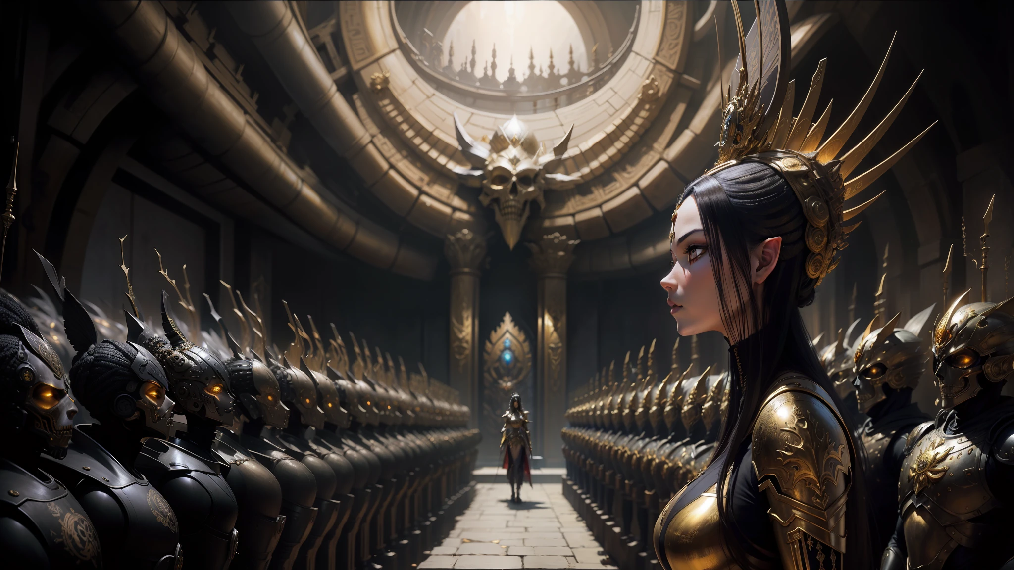 arafed woman in a golden armor standing in front of a wall of gold skulls, still from alita, style of karol bak, by Kim Du-ryang, intricate gold crown, sorayama, love death + robots, portrait of an elf queen, dune (2021), ash thorp, yoshitakka amano karol bak --ar 16:9 --auto --s2
