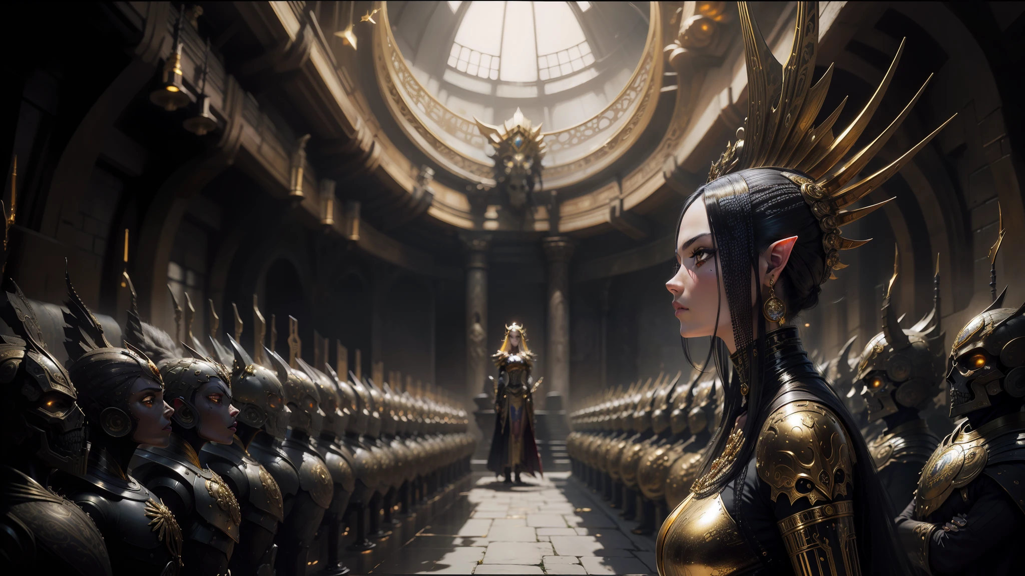 arafed woman in a golden armor standing in front of a wall of gold skulls, still from alita, style of karol bak, by Kim Du-ryang, intricate gold crown, sorayama, love death + robots, portrait of an elf queen, dune (2021), ash thorp, yoshitakka amano karol bak --ar 16:9 --auto --s2