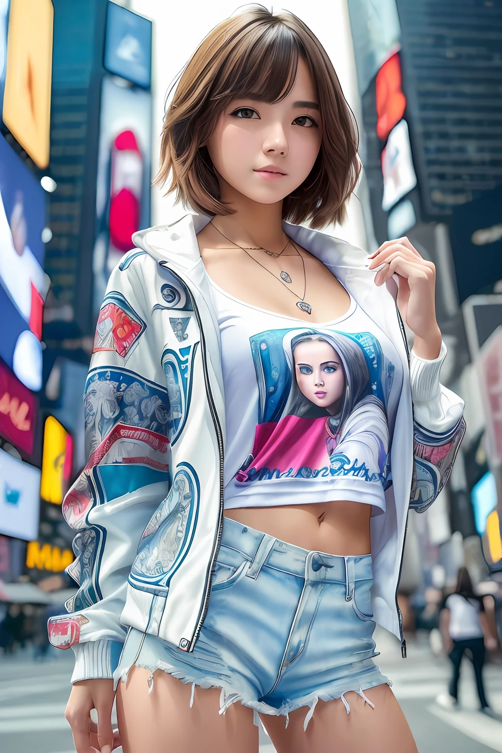 ((Best quality, 8k, Masterpiece :1.3)), A pretty young girl with perfect figure :1.4, Layered haircut, Breasts, Wearing pendant, White v neck t-shirt covered by cyber print jacket, Time square, New York, Highly detailed face and skin texture, Detailed eyes, Double eyelid --auto --s2