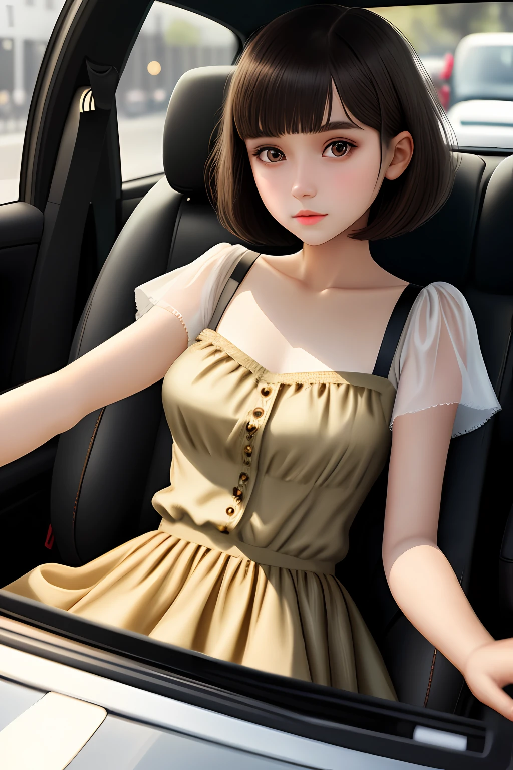 best quality, realistic, photorealistic, extremly detailed, an extremely delicate and beautiful, RAW photo, full body, a 11 years old girl, (driving a car, dark night:1.4), brown hair, brown eyes, smaller head, fashion girl, beautiful eyes, small breast,real face, real skin, realistic face, realistic skin, detailed eyes, detailed facial features, detailed clothes features, (fashion clothes:1.3), (fashion bobcut: 1.3) dynamic poses, looking at viewer, detailed face and breast, (pureerosface_v1:0.33), (ulzzang-6500:0.33),