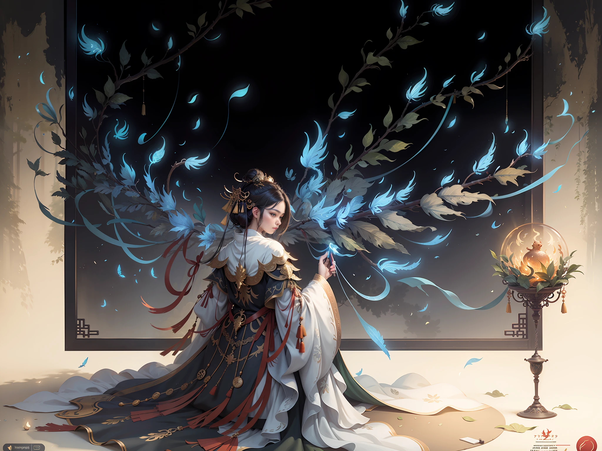 Masterpiece, best quality, real, completely real, a beautiful woman, ancient Chinese imperial robe, majestic domineering, curvaceous figure, phoenix eyes, phoenix feathers, sunshine, clear face, masterpiece, super detail, movie composition, ultra hd, high quality, extremely detailed, official art, uniform 8k wallpaper, super detail, (very detailed CG unity 8k wallpaper), (best quality), (best illustration), (best shadow), UI interface border design with natural elements forest theme. Avatar frame designed as round, surrounded by delicate leaves and branches, with fireflies and glowing particle effects, (UI interface box design), (natural elements), (jungle theme), (square), (leaves), (branches), (fireflies), butterflies, (delicate leaves), (glow), (particle effects), isometric 3D, Octane rendering, ray tracing, super detailed