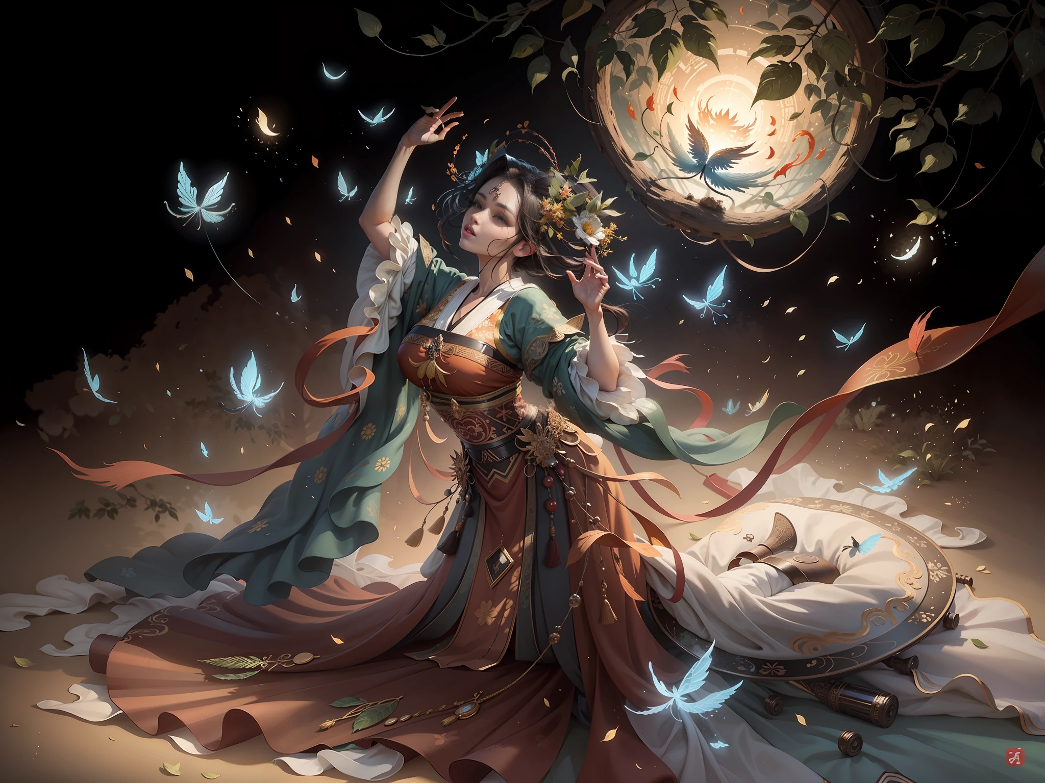 Masterpiece, best quality, real, completely real, a beautiful woman, ancient Chinese imperial robe, majestic domineering, curvaceous figure, phoenix eyes, phoenix feathers, sunshine, clear face, masterpiece, super detail, movie composition, ultra hd, high quality, extremely detailed, official art, uniform 8k wallpaper, super detail, (very detailed CG unity 8k wallpaper), (best quality), (best illustration), (best shadow), UI interface border design with natural elements forest theme. Avatar frame designed as round, surrounded by delicate leaves and branches, with fireflies and glowing particle effects, (UI interface box design), (natural elements), (jungle theme), (square), (leaves), (branches), (fireflies), butterflies, (delicate leaves), (glow), (particle effects), isometric 3D, Octane rendering, ray tracing, super detailed