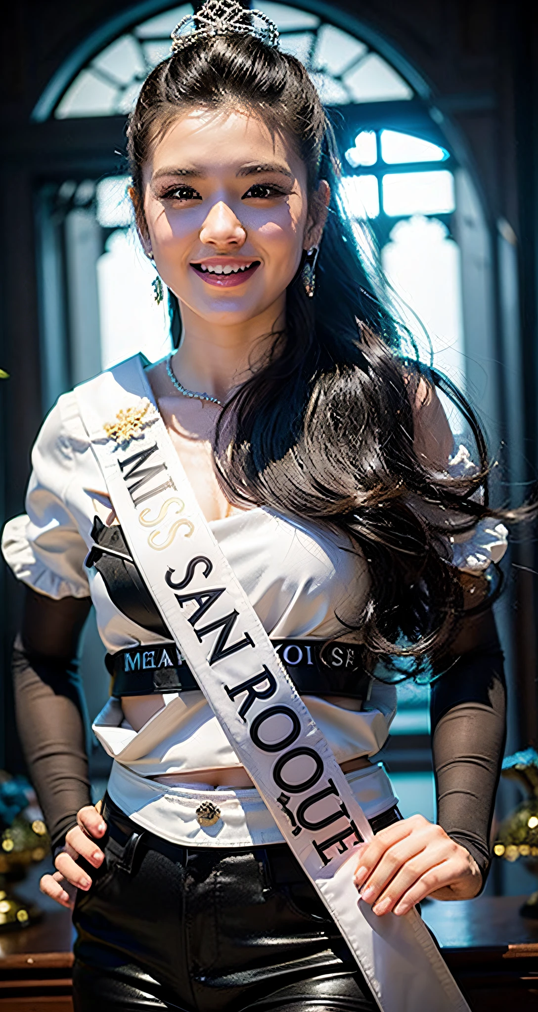 a close up of a woman in a white wet shirt and black short shorts, centre image, sukhothai costume, royal elegant pose, regal pose, mai anh tran, proud look, queen of the sea mu yanling, model posing, with crown, miss universe, pr shoot, top, mid shot portrait, full body photogenic shot, may, proud smile, perfect hands and fingers,