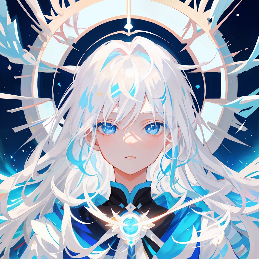 Close-up of a teenager with long white hair, Shota, a teenager with white hair and bright blue eyes, portrait of Yang J, winner of the pixiv competition, fantasy art, white-haired god, beautiful character painting, Guvez style artwork, the glare of Yuki Onna, Guweiz, long white hair, long white hair, flowing hair and robes