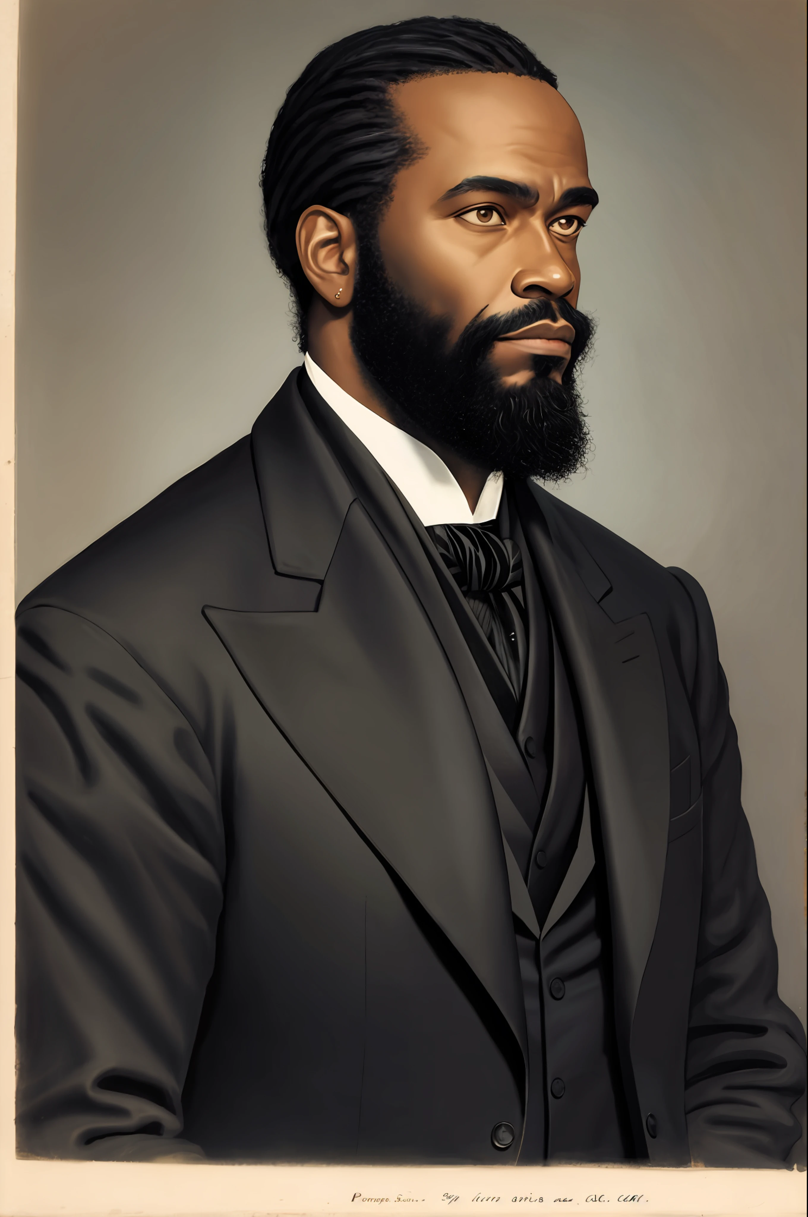 Front portrait, black man, long beard, suit, lawyer, nineteenth century, realistic