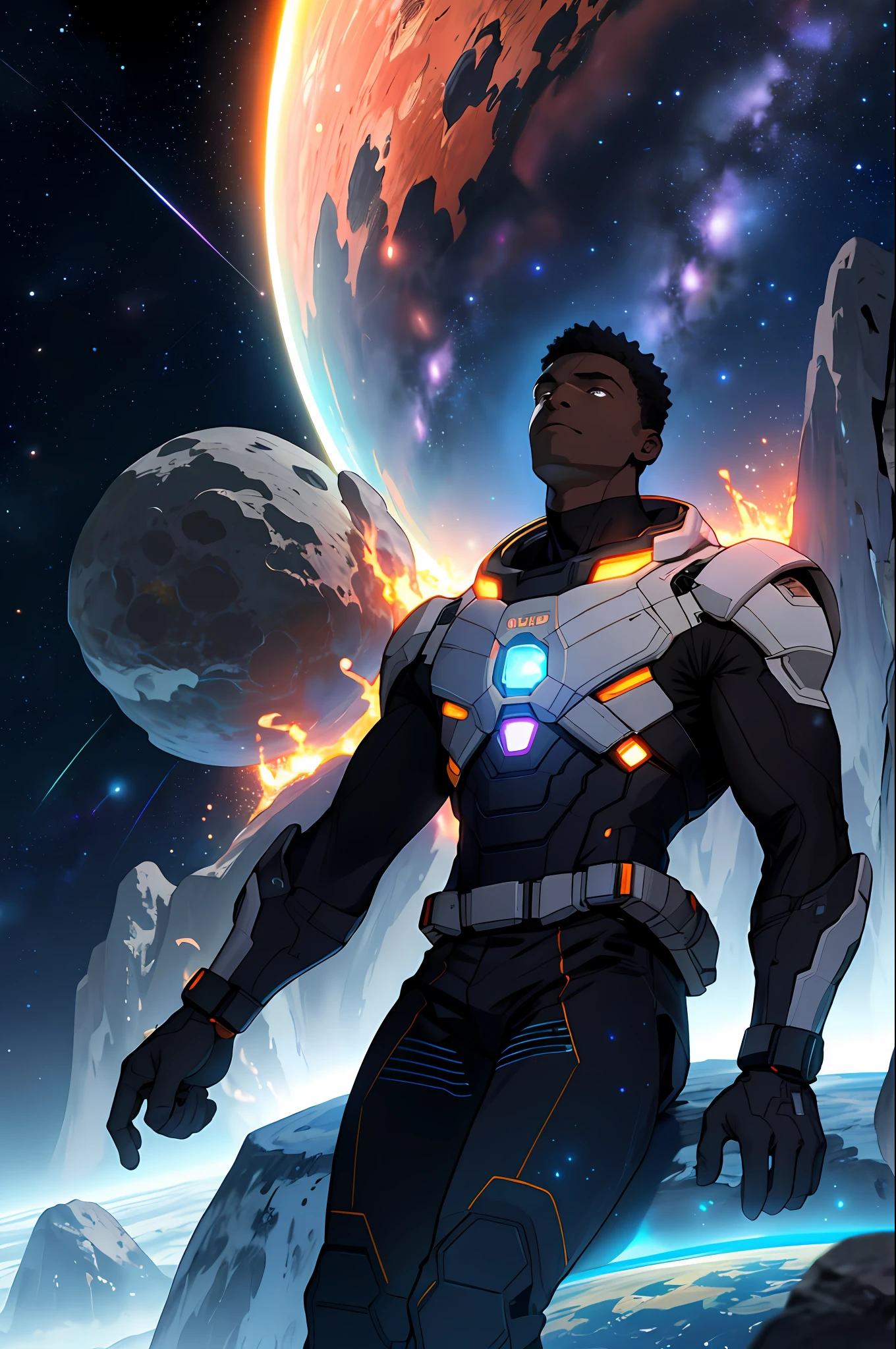 Draw a young African sitting on a research platform floating in the middle of an asteroid belt. He is studying with a Notebook, surrounded by several asteroids glowing with auras of fire, Astrophotography, The dramatic illumination of distant stars and planets illuminates the scene, casting deep shadows on the suit. The young man seems confident and determined, looking at the vast and mysterious universe with admiration and respect, cowboy shot, neon, masterpiece, best quality, ultra-realistic