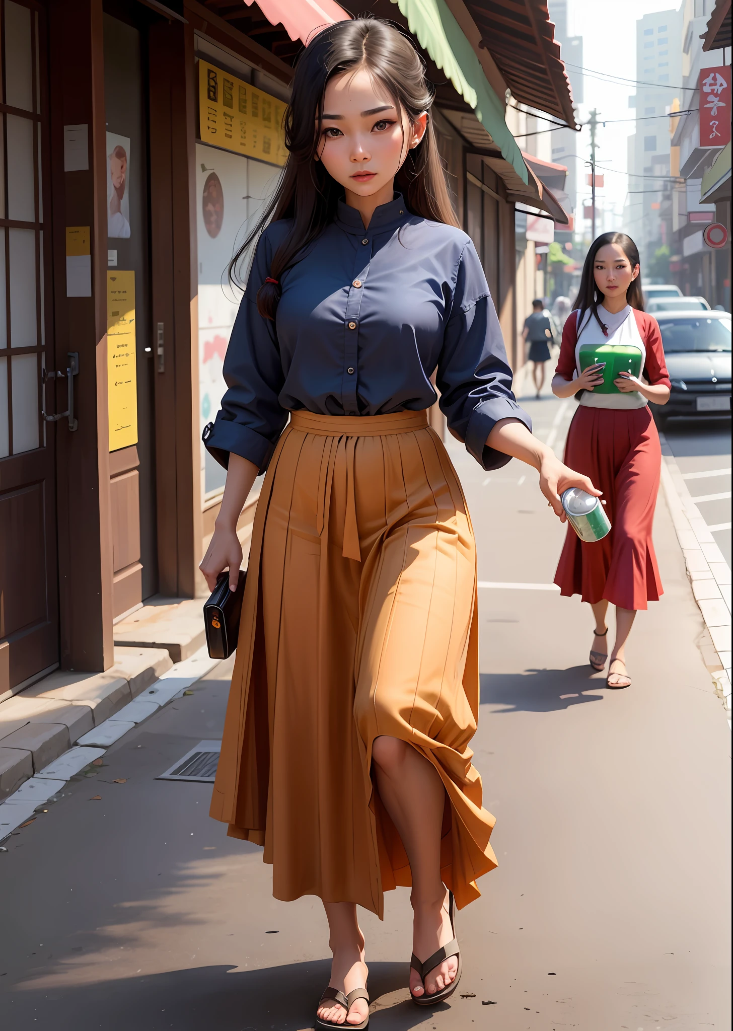 ..
seaart.ai
prompt /
there is a myanmar woman walking down the street carrying a can, dressed in long fluent skirt, myanmar traditional style, full body potrait holding bottle, very beautiful enga style, long skirt, ww2 era, carrying a bottle of perfume, wearing bihu dress mekhela sador, traditional beauty, a woman walking, in style of lam manh, shot from movie, still from a movie, ((Best quality, 8k, Masterpiece :1.1)), Sharp focus :1.2, A pretty woman with perfect figure :1.2, Slender abs :1.1, City street:1.2, Highly detailed face and skin texture, Detailed eyes, Double eyelid