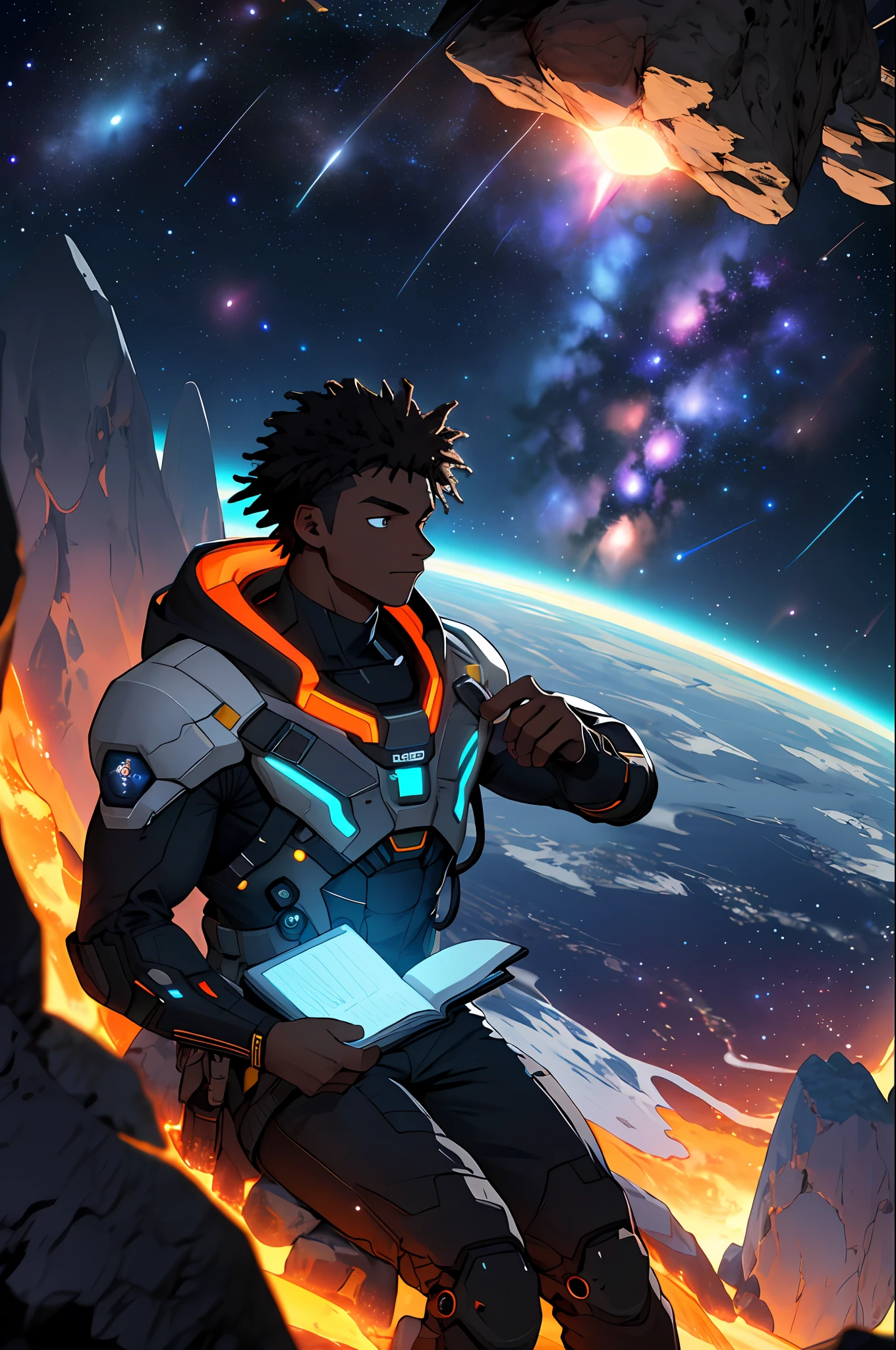 Draw a young African sitting on a research platform floating in the middle of an asteroid belt. He is studying with a Notebook, surrounded by several asteroids glowing with auras of fire, Astrophotography, The dramatic illumination of distant stars and planets illuminates the scene, casting deep shadows on the suit. The young man seems confident and determined, looking at the vast and mysterious universe with admiration and respect, cowboy shot, neon, masterpiece, best quality, ultra-realistic