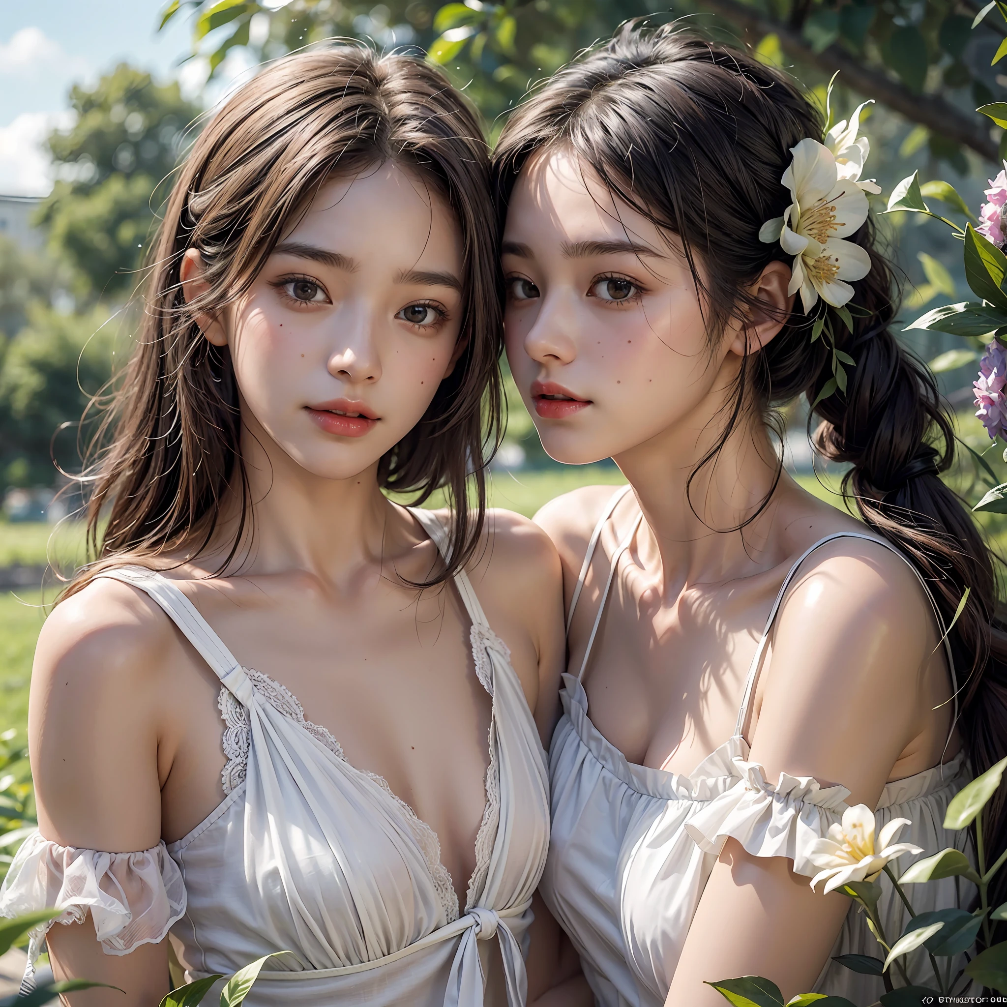 Masterpiece, best quality, , 18-year-old woman, cute adorable beautiful girl, (flat chest:1.2), petite, short black pigtails, porcelain skin, smile, happy, see through dress,
(2girls), hug, imminent kiss,
On the grass , beautiful public park , flowers bushes and trees,
photorealistic, photo, photorealism, photorealistic digital art trending on Artstation 8k HD high definition detailed realistic, detailed, skin texture, hyper detailed, realistic skin texture, armature, best quality, ultra high res, photorealistic,, high resolution, detailed, raw photo,