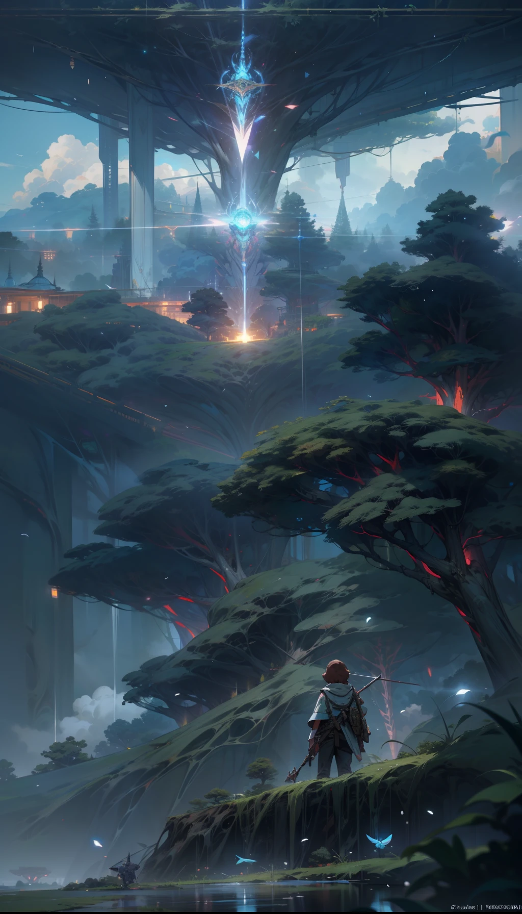 Sky, Clouds, holding_weapon, no_humans, Glow, giant_ trees , art, war_ mecha,artificial intelligence_Architecture, drones, "sky, cloud, glowing, big trees , Green house building, cybernetic _trees, tree_mech, sci-fi, cityscape, realistic, mechanical" Science Fiction, Cities, Rendered in Octane, hyper realistic, 8k, epic composition, cinematic, octane render, artstation landscape vista photography by Carr Clifton & Galen Rowell, 16K resolution, Landscape veduta photo by Dustin Lefevre & tdraw, 8k resolution, detailed landscape painting by Ivan Shishkin, DeviantArt, Flickr, rendered in Enscape, Miyazaki, Nausicaa Ghibli, Breath of The Wild,,trending in artstation, cgsociety, 8k post-processing highly detailed,Junji Murakami, Mucha Klimt, Sharandula, Hiroshi Yoshida, Tom Bagshaw, Ross Tran, Artgerm,Craig Mullins,dramatic,Junji Murakami, moody lighting rendered by octane engine,characters 8K symmetrical arstation, cape,cinematic lighting, intricate details, 8k detail post processing, hyperealistic, octane rend, Zdzisław Beksiński style, ar 2:3 Reality Reality --auto --s2