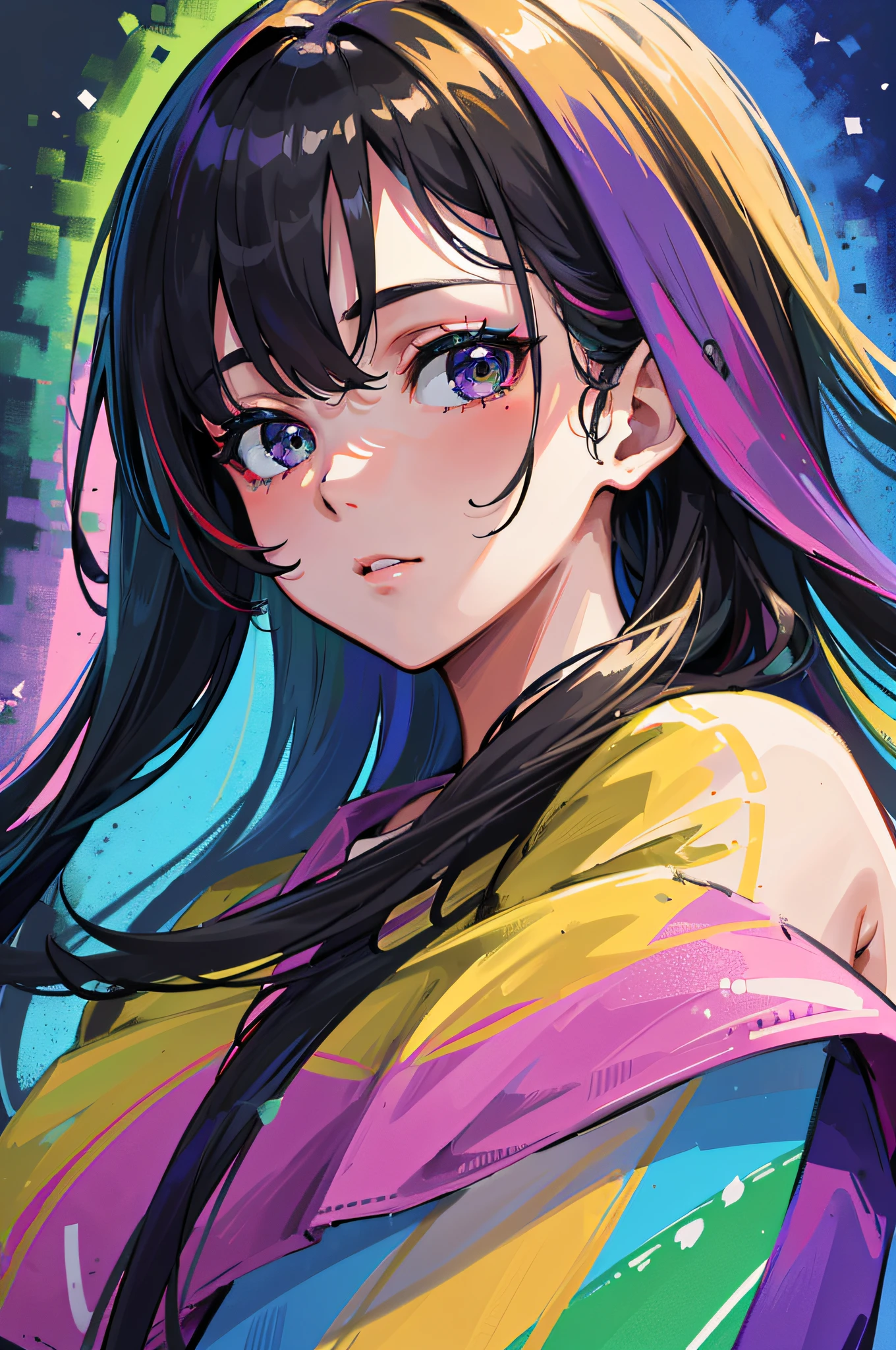 ((4k, best quality:1.2, masterpiece, beautiful:1.2, ultra detailed, high res,)), (detailed face, beautiful face, detailed background), rainbow paint, paint splatter, rainbow paint, rainbows, rainbow paint splash
