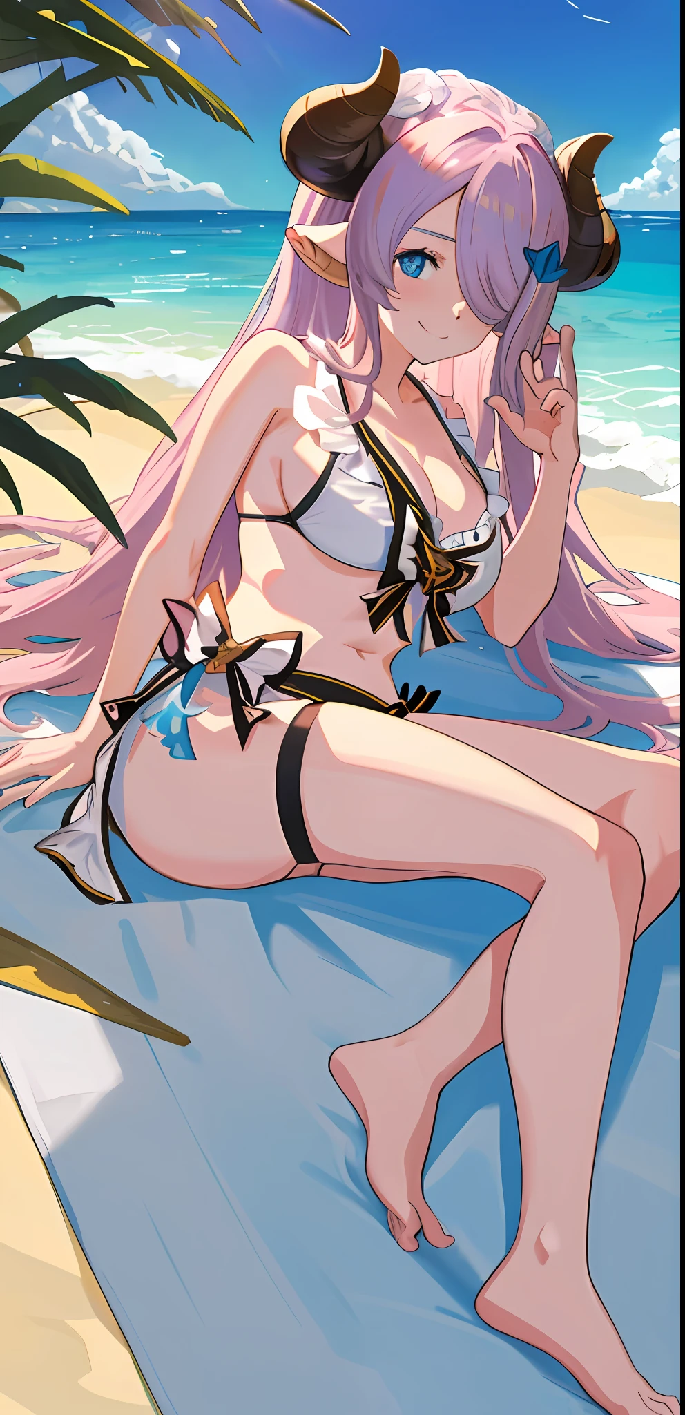 masterpiece, best quality, 1girl, solo, narmaya, large breasts, white bikini, lying on side, smile, towel, sandy beach, ocean, blue sky, clouds