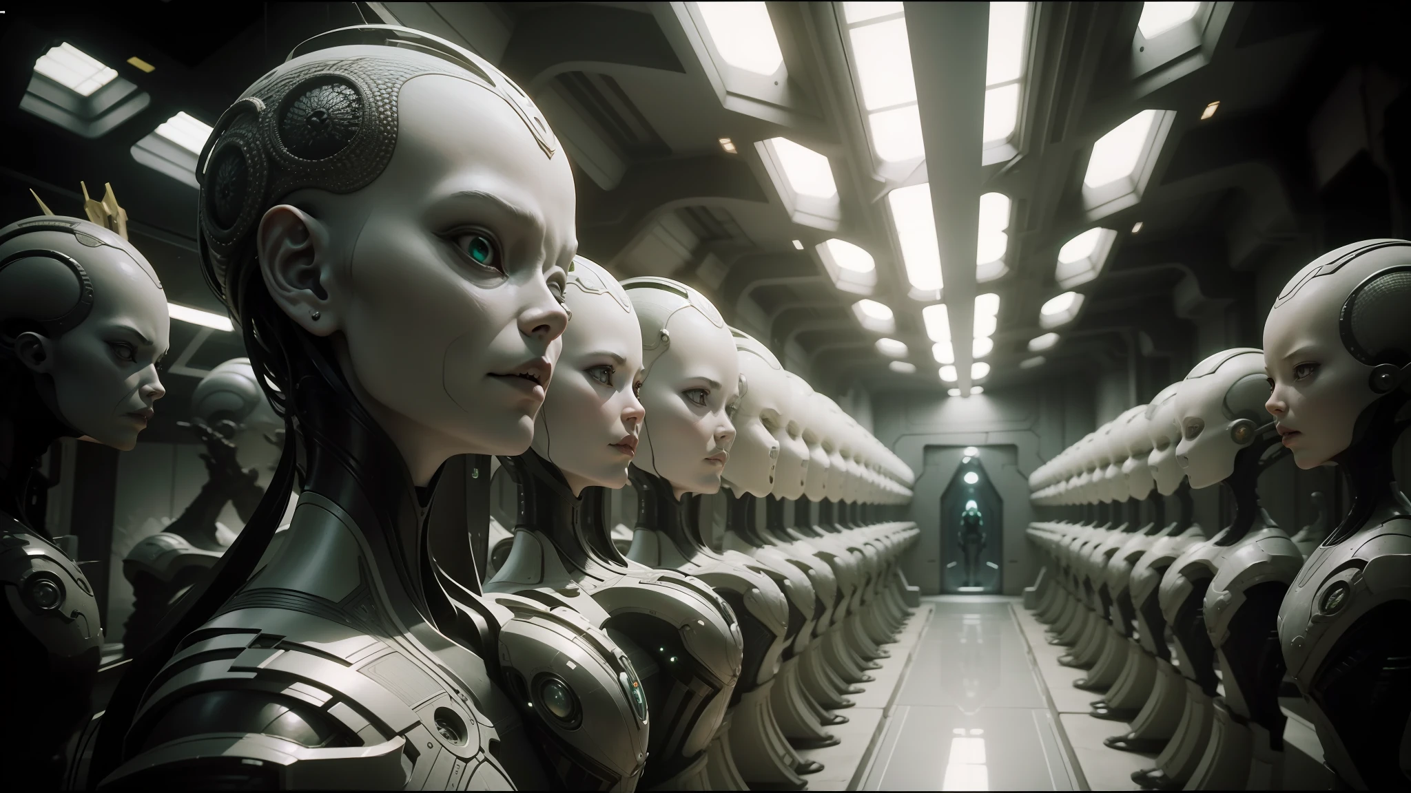 alien woman sitting in a room with a lot of alien hands, promotional art, anamorphic cinematography, symmetry ; photorealistic, inspired by Feng Zhu, showing kingdoms, breeding, colony, roger deakin’s cinematography, animation key shot, animation still screencap --ar 16:9 --auto --s2