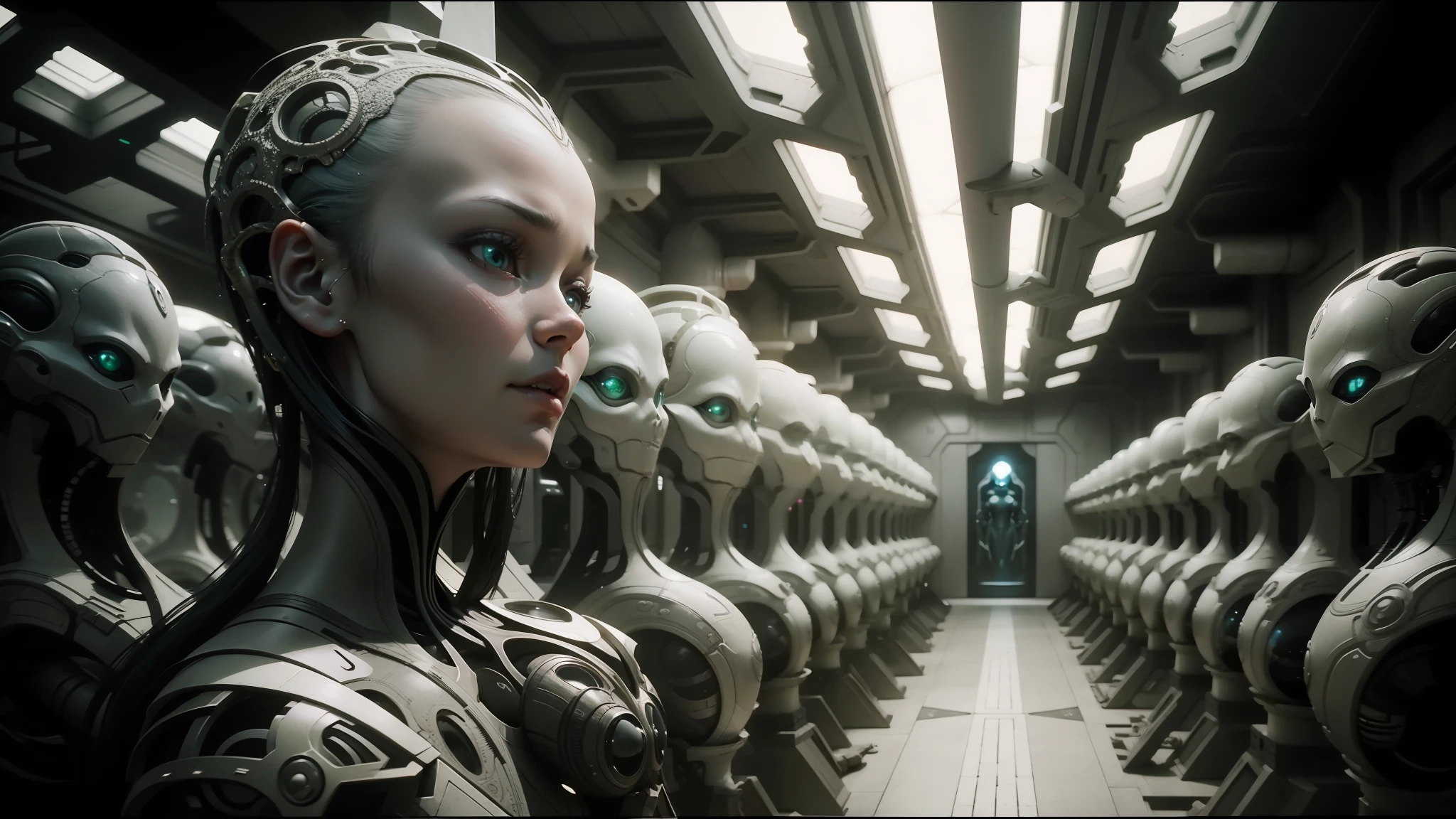 alien woman sitting in a room with a lot of alien hands, promotional art, anamorphic cinematography, symmetry ; photorealistic, inspired by Feng Zhu, showing kingdoms, breeding, colony, roger deakin’s cinematography, animation key shot, animation still screencap --ar 16:9 --auto --s2