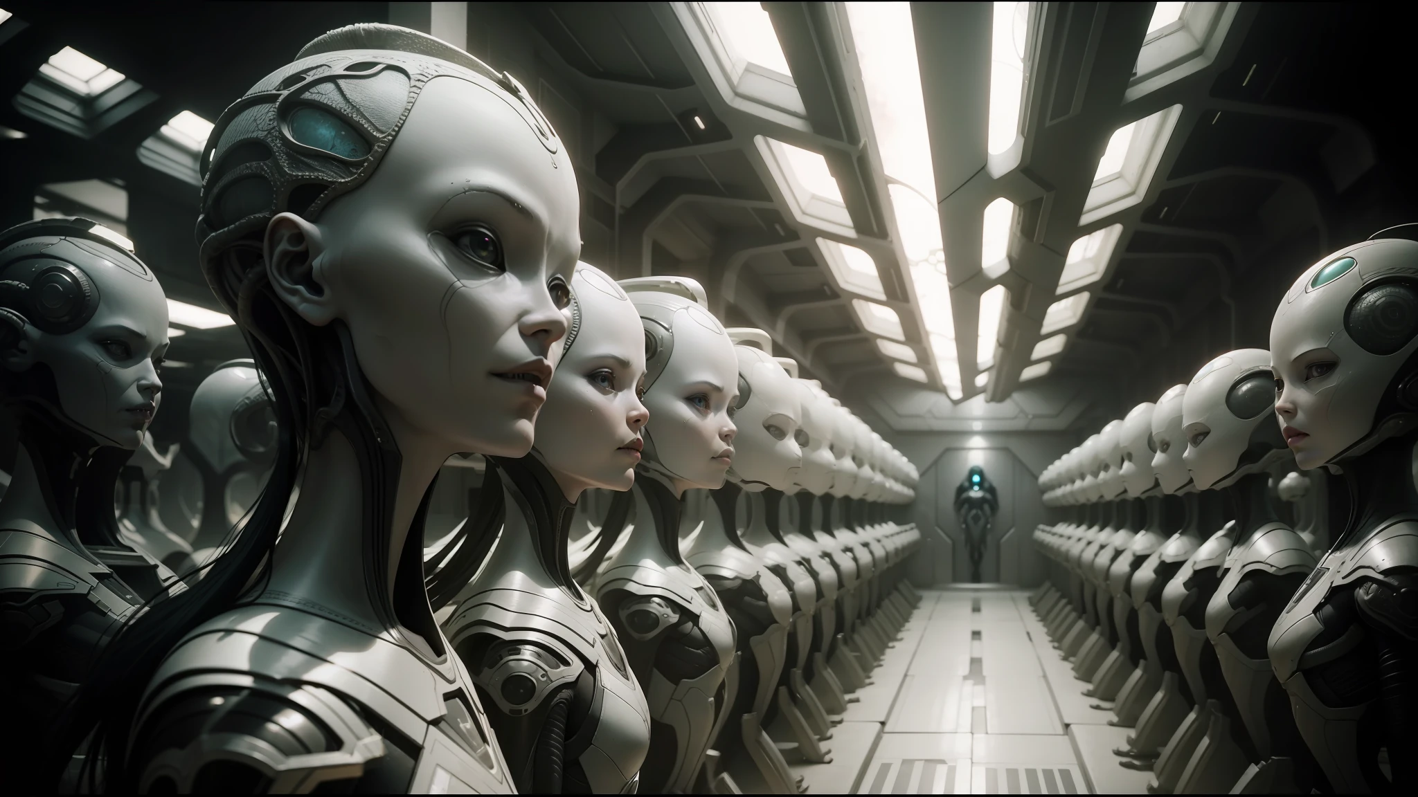 alien woman sitting in a room with a lot of alien hands, promotional art, anamorphic cinematography, symmetry ; photorealistic, inspired by Feng Zhu, showing kingdoms, breeding, colony, roger deakin’s cinematography, animation key shot, animation still screencap --ar 16:9 --auto --s2