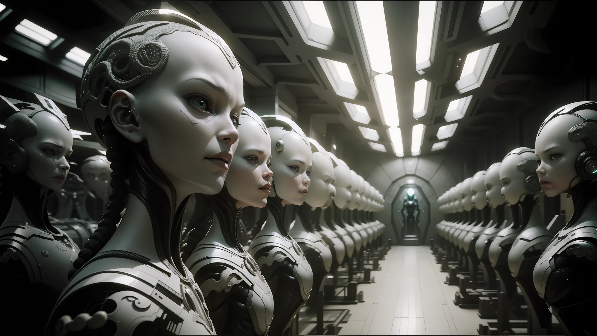 alien woman sitting in a room with a lot of alien hands, promotional art, anamorphic cinematography, symmetry ; photorealistic, inspired by Feng Zhu, showing kingdoms, breeding, colony, roger deakin’s cinematography, animation key shot, animation still screencap --ar 16:9 --auto --s2