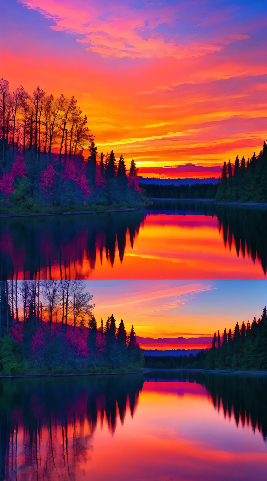 there is a beautiful sunset with a lake and trees in the background, colorful skies, surreal colors, colorful sunset, colorful sky, marvellous reflection of the sky, stunning sky, dream like atmosphere 8k, colorful clouds, colors reflecting on lake, surreal sky, red and blue reflections, fire reflection, beautiful sky, beautiful and spectacular dusk, beautiful dreamy landscape, amazing sky